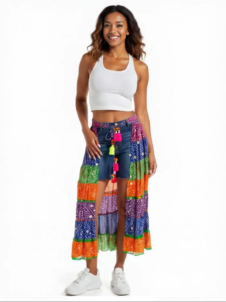 Multi-Color Bandhini Layered Skirt with Tassel