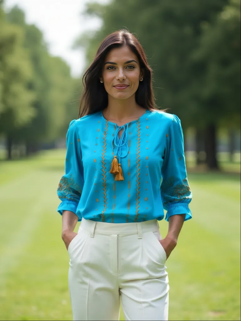 Teal Blue Embroidered Tassel Tie-Up Top