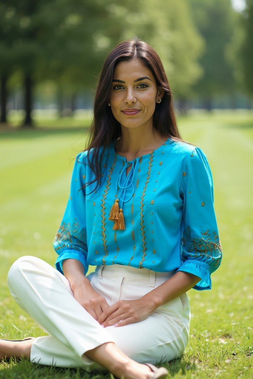 Teal Blue Embroidered Tassel Tie-Up Top