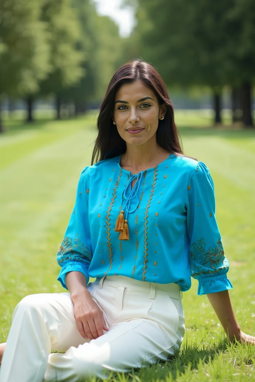 Teal Blue Embroidered Tassel Tie-Up Top