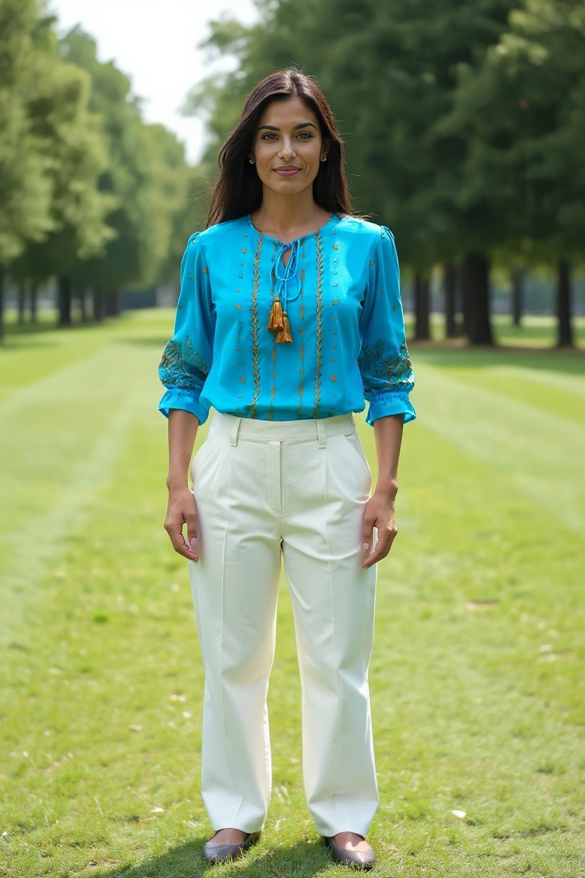Teal Blue Embroidered Tassel Tie-Up Top