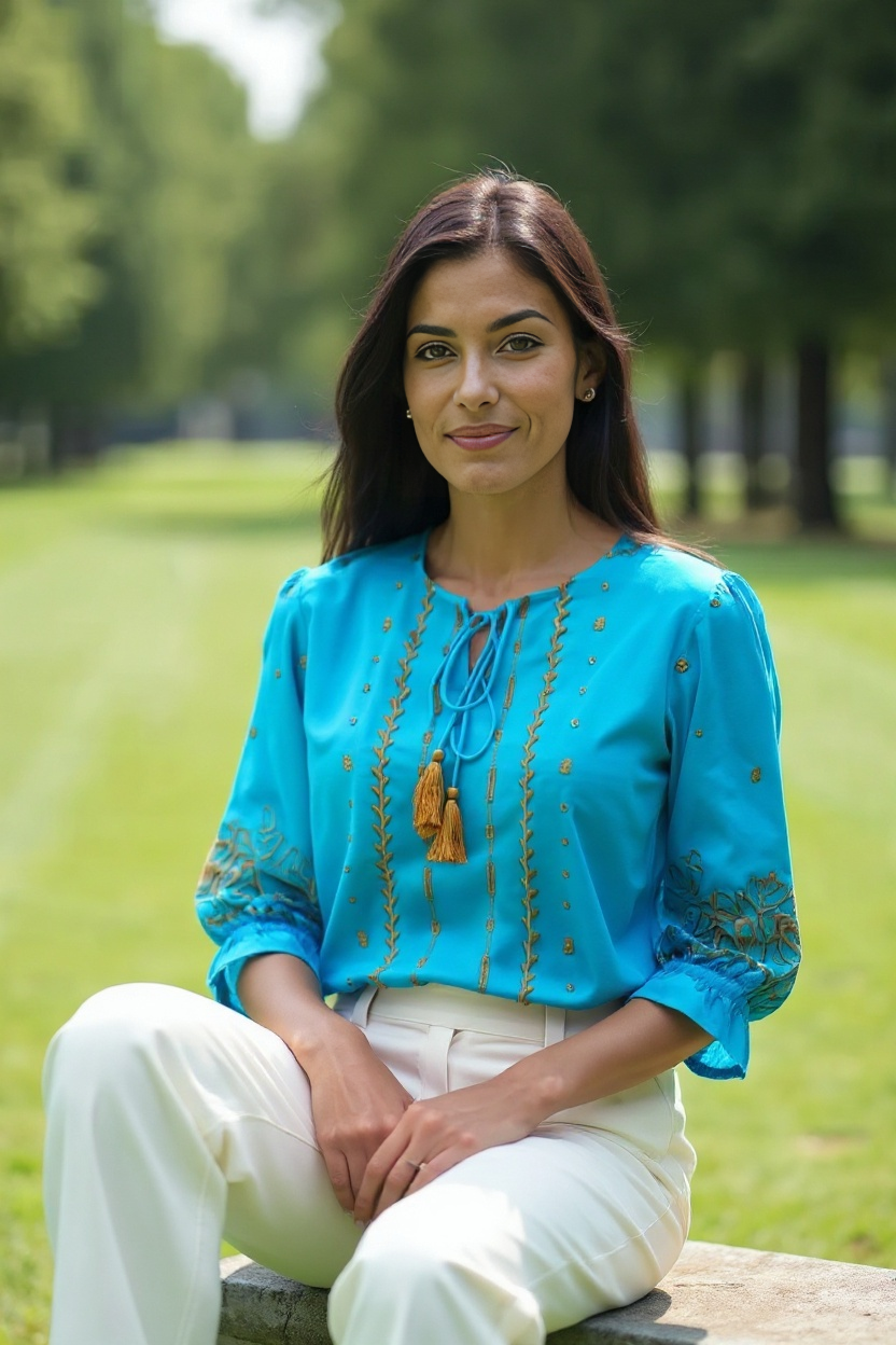 Teal Blue Embroidered Tassel Tie-Up Top