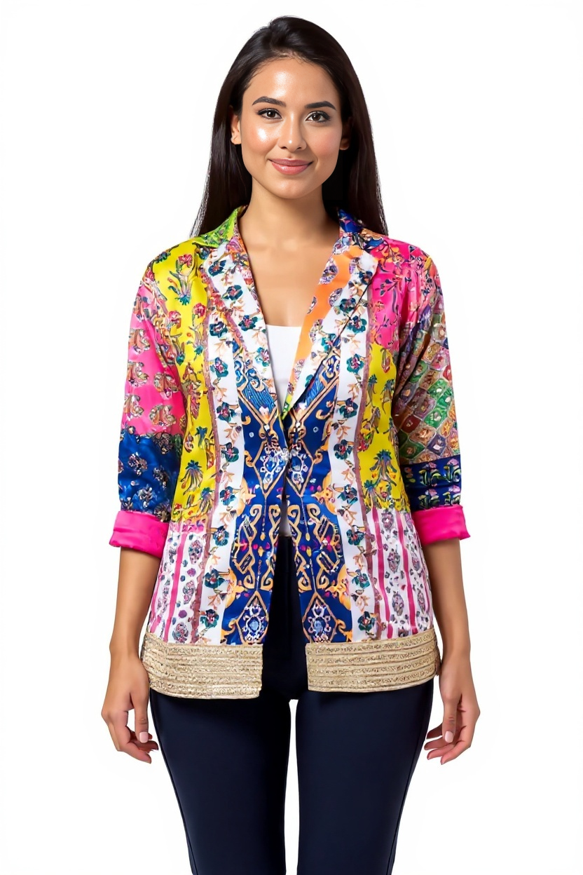 Multicolor Patchwork Mirror Work Blazer – Boho Chic Statement Jacket