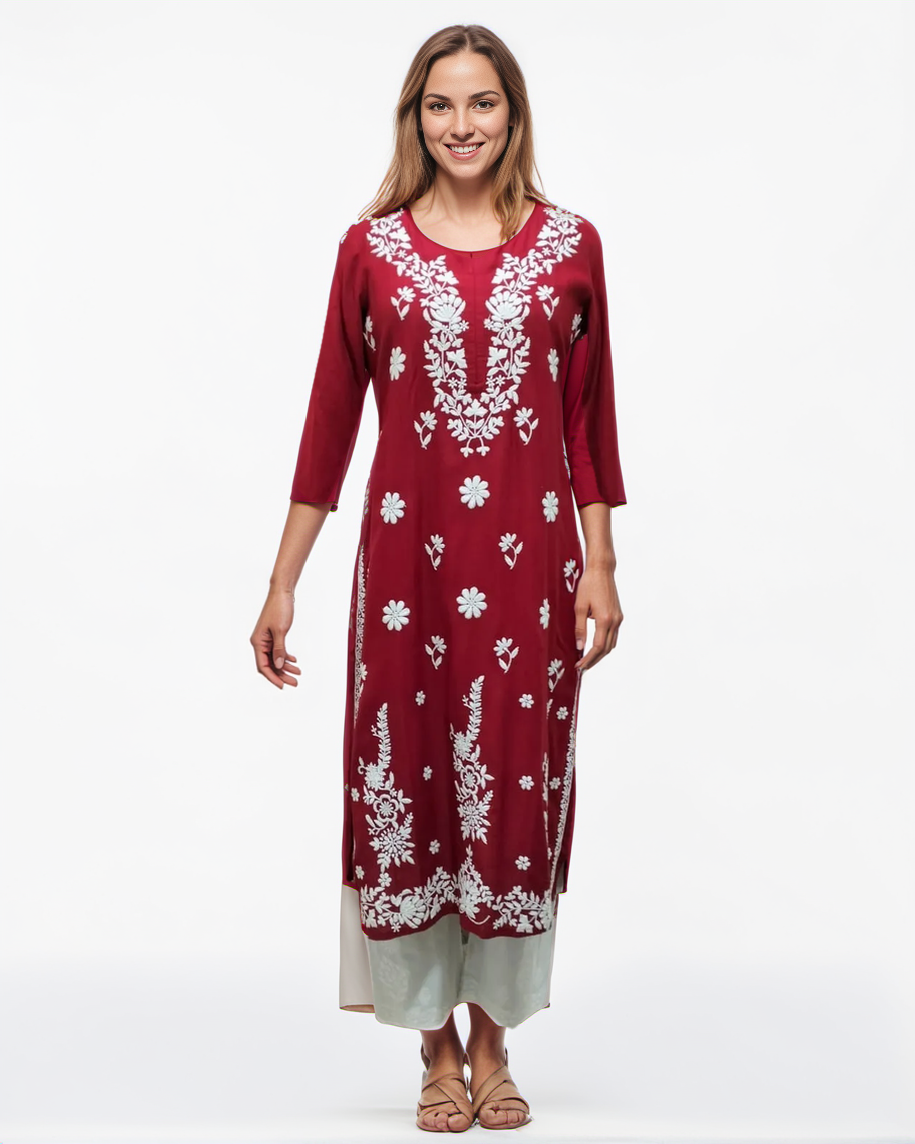 Ruhani Ruby – Elegant Maroon Kurta with White Threadwork