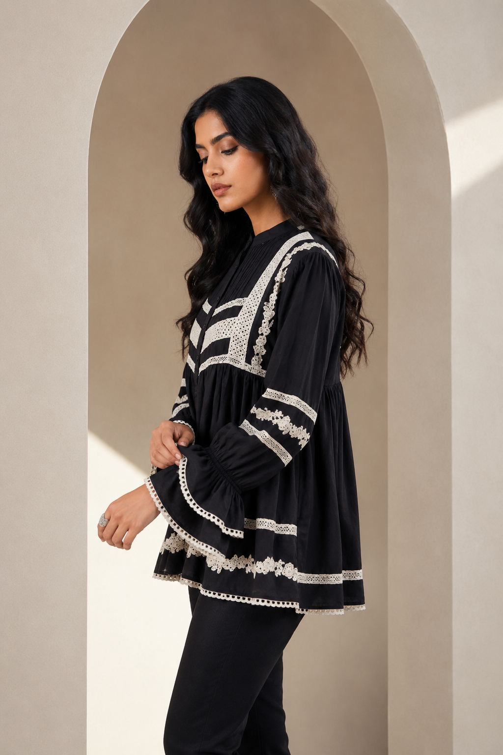 Black Cotton Lace Panel Peplum Tunic Top with Bell Sleeves