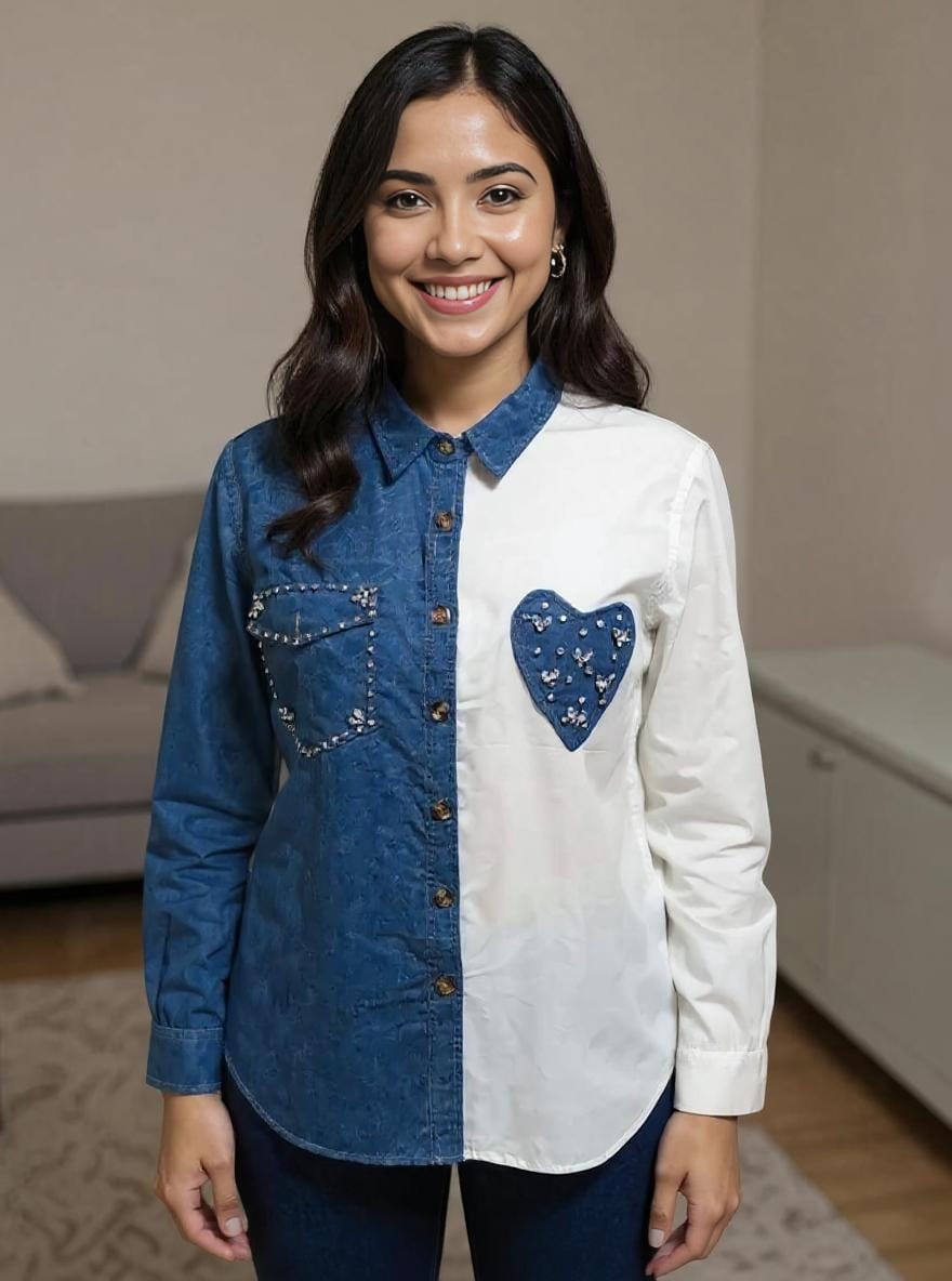 Vibrant Boho Fusion Hand-Embroidered Shirt – Mirror Work & Patch Detailing