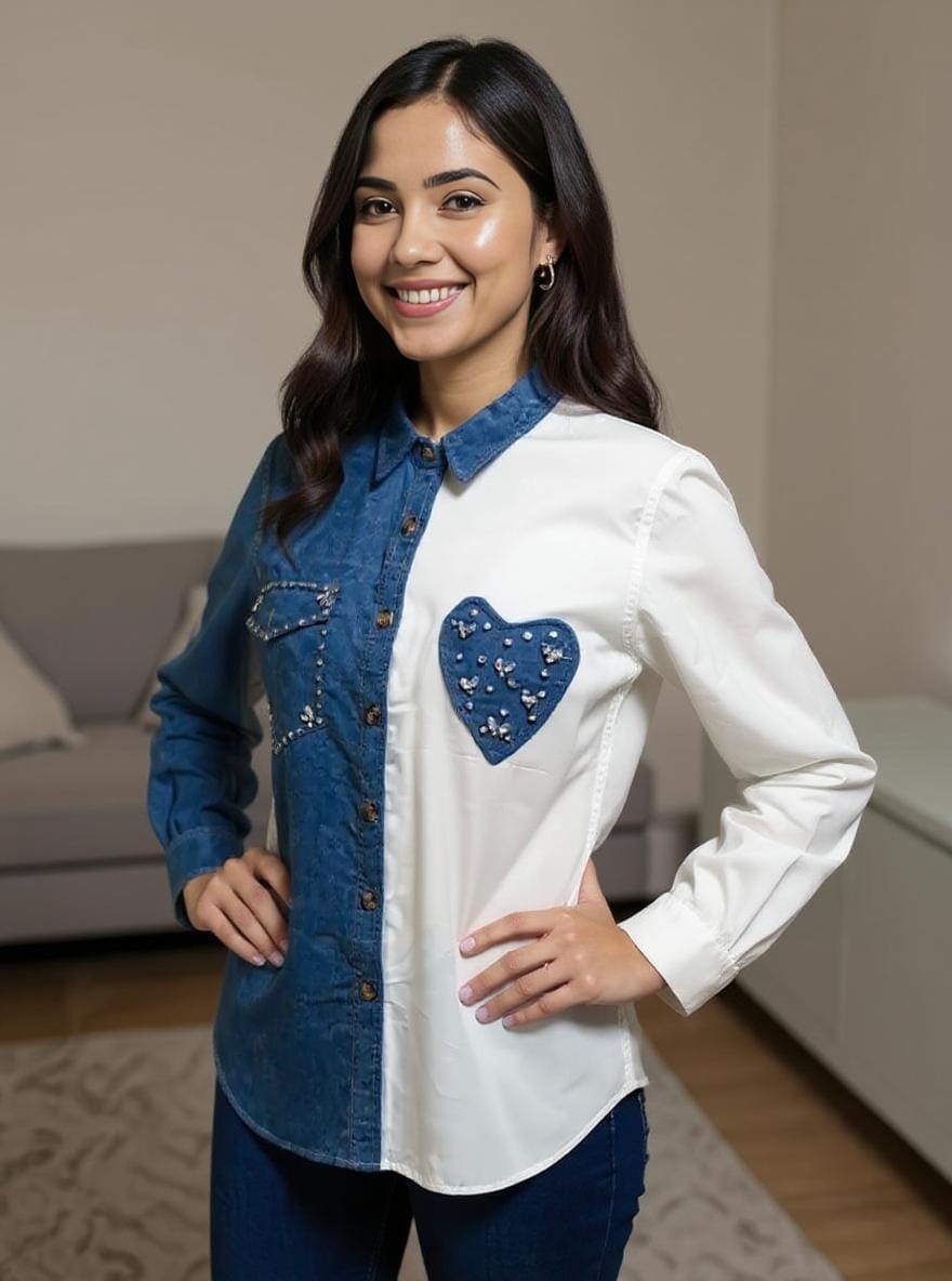 Vibrant Boho Fusion Hand-Embroidered Shirt – Mirror Work & Patch Detailing