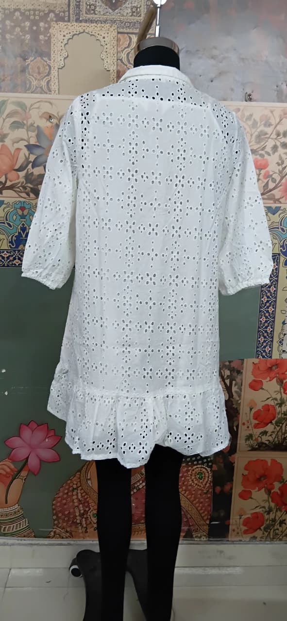 White Cotton Schiffli A-Line Tunic Top