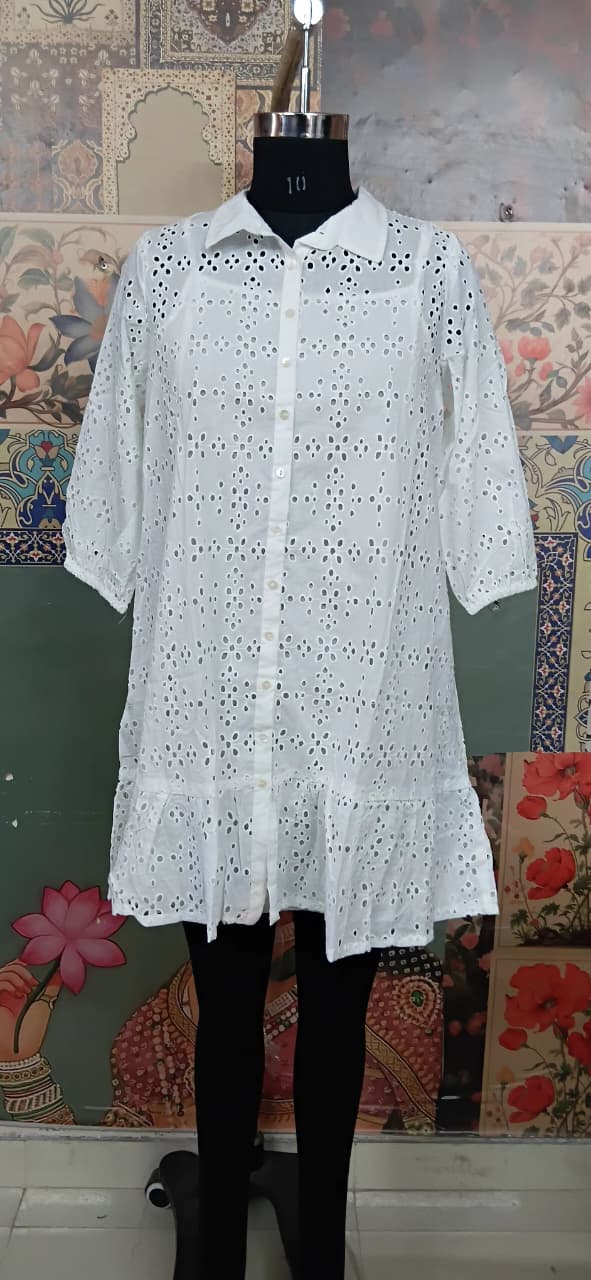 White Cotton Schiffli A-Line Tunic Top