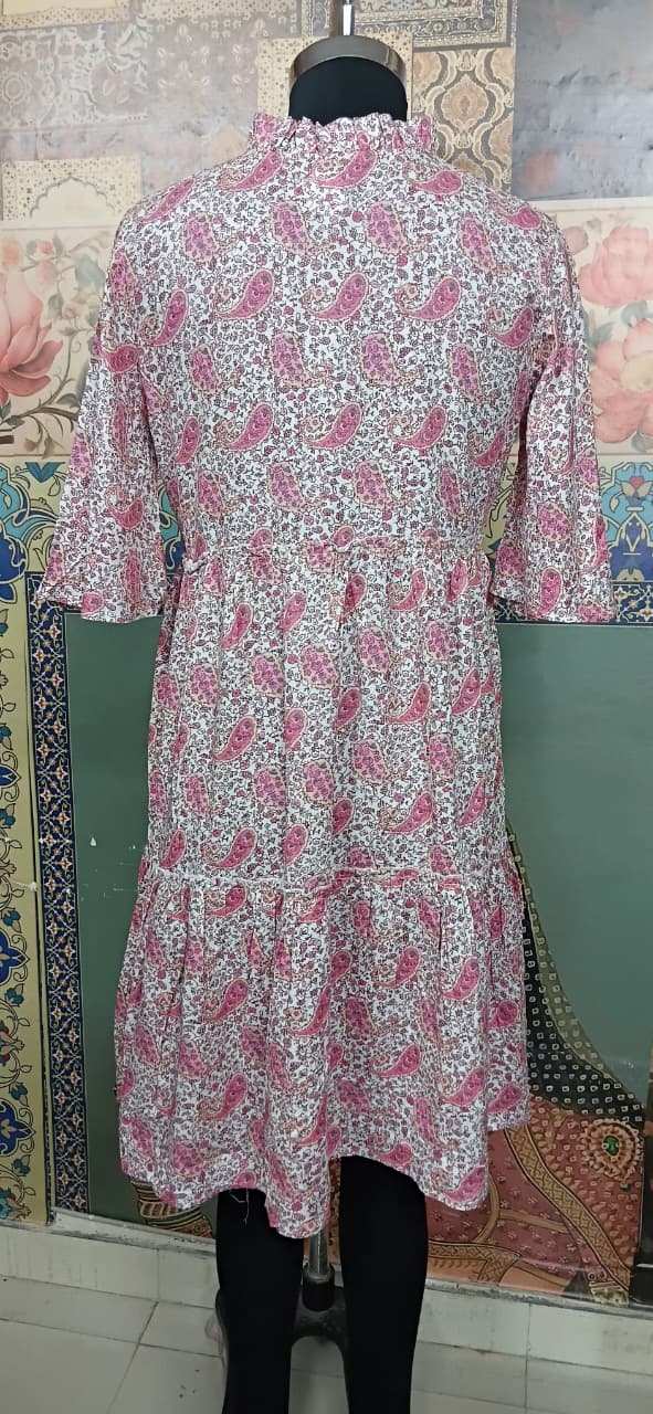 Pink Paisley Printed Tiered Summer Dress with Tassel Tie Neck
