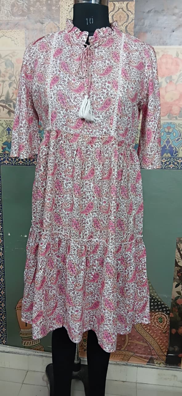 Pink Paisley Printed Tiered Summer Dress with Tassel Tie Neck