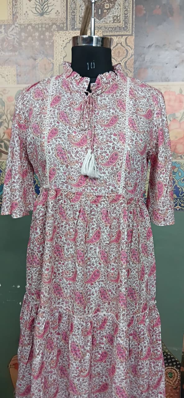 Pink Paisley Printed Tiered Summer Dress with Tassel Tie Neck
