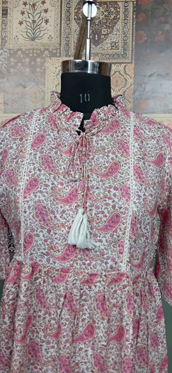 Pink Paisley Printed Tiered Summer Dress with Tassel Tie Neck