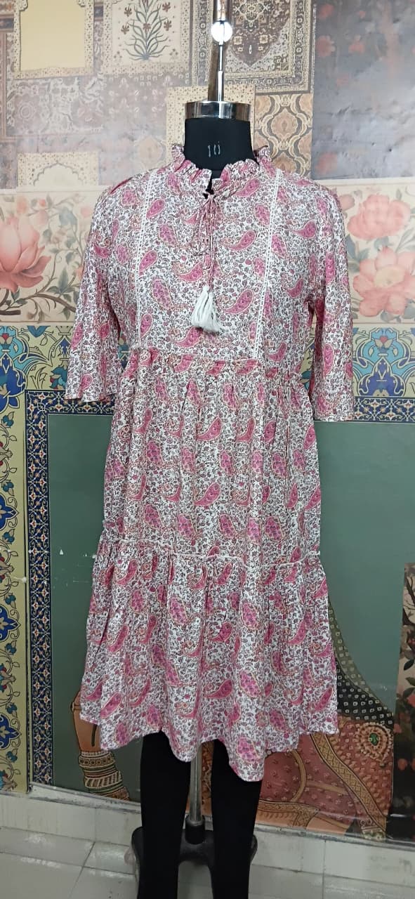 Pink Paisley Printed Tiered Summer Dress with Tassel Tie Neck