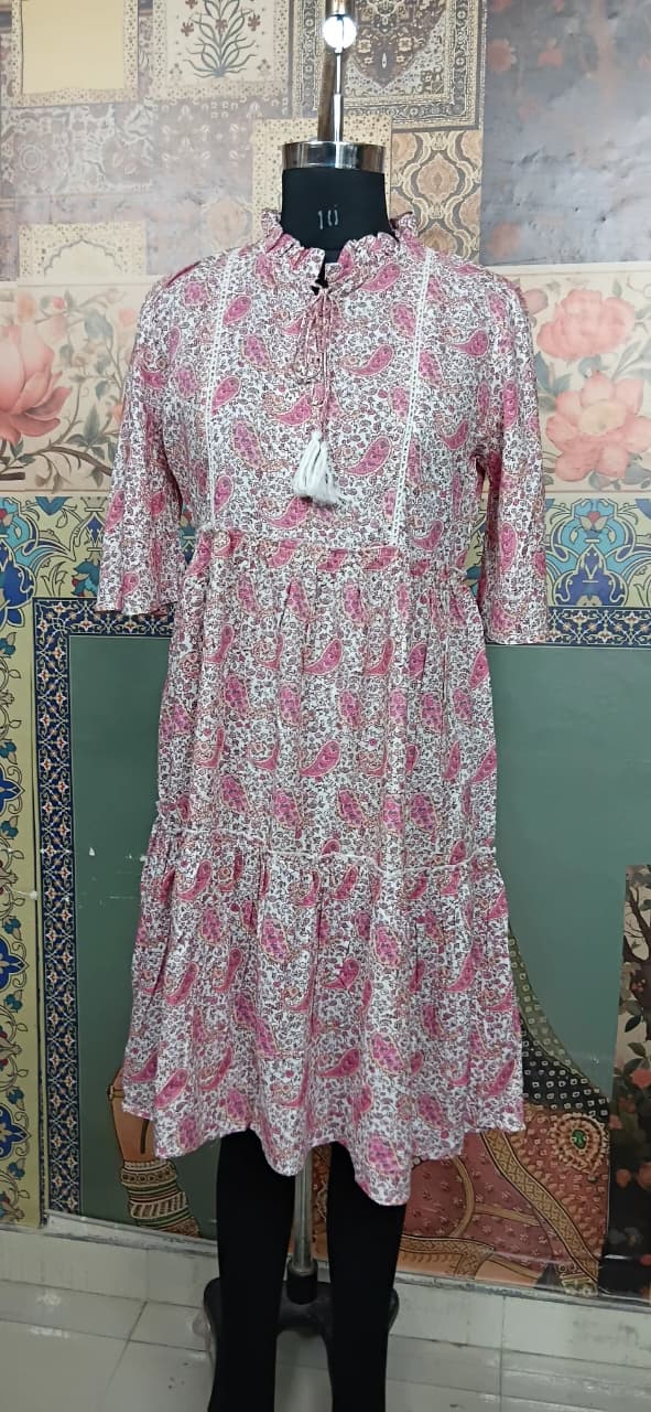 Pink Paisley Printed Tiered Summer Dress with Tassel Tie Neck