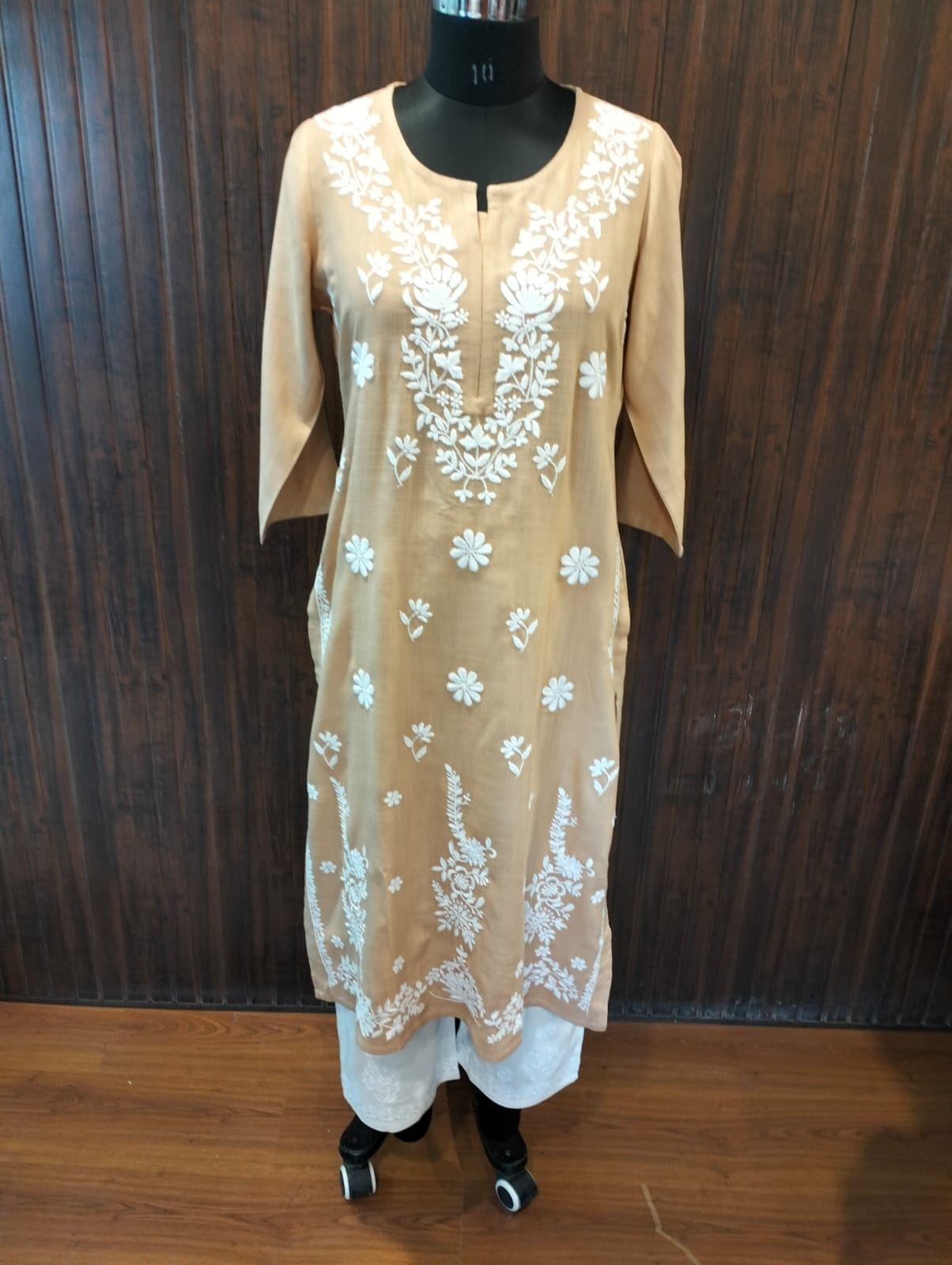 Golden Grace – Soft Beige Floral Kurti for Women