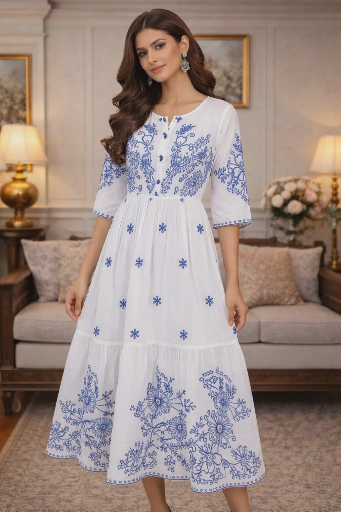 White Cotton Midi Dress with Blue Floral Embroidery