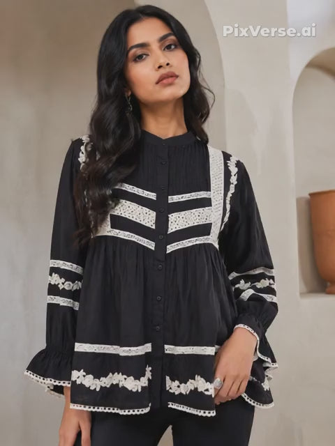 Black Cotton Lace Panel Peplum Tunic Top with Bell Sleeves