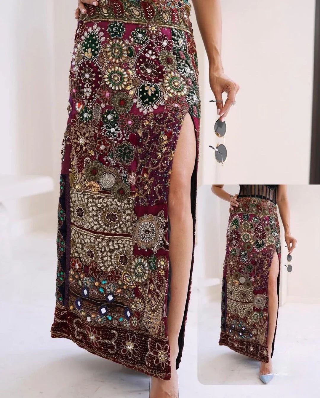 Purple Embellished Skirt Royal Patchwork Slit Skirt
