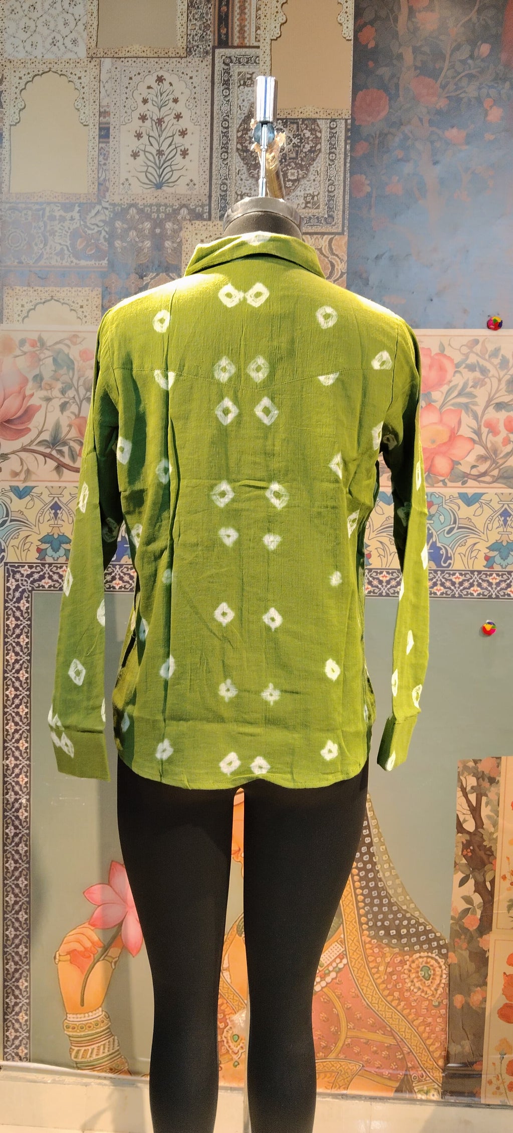 Green Bandhani Shirt with Embellished Boho Pocket