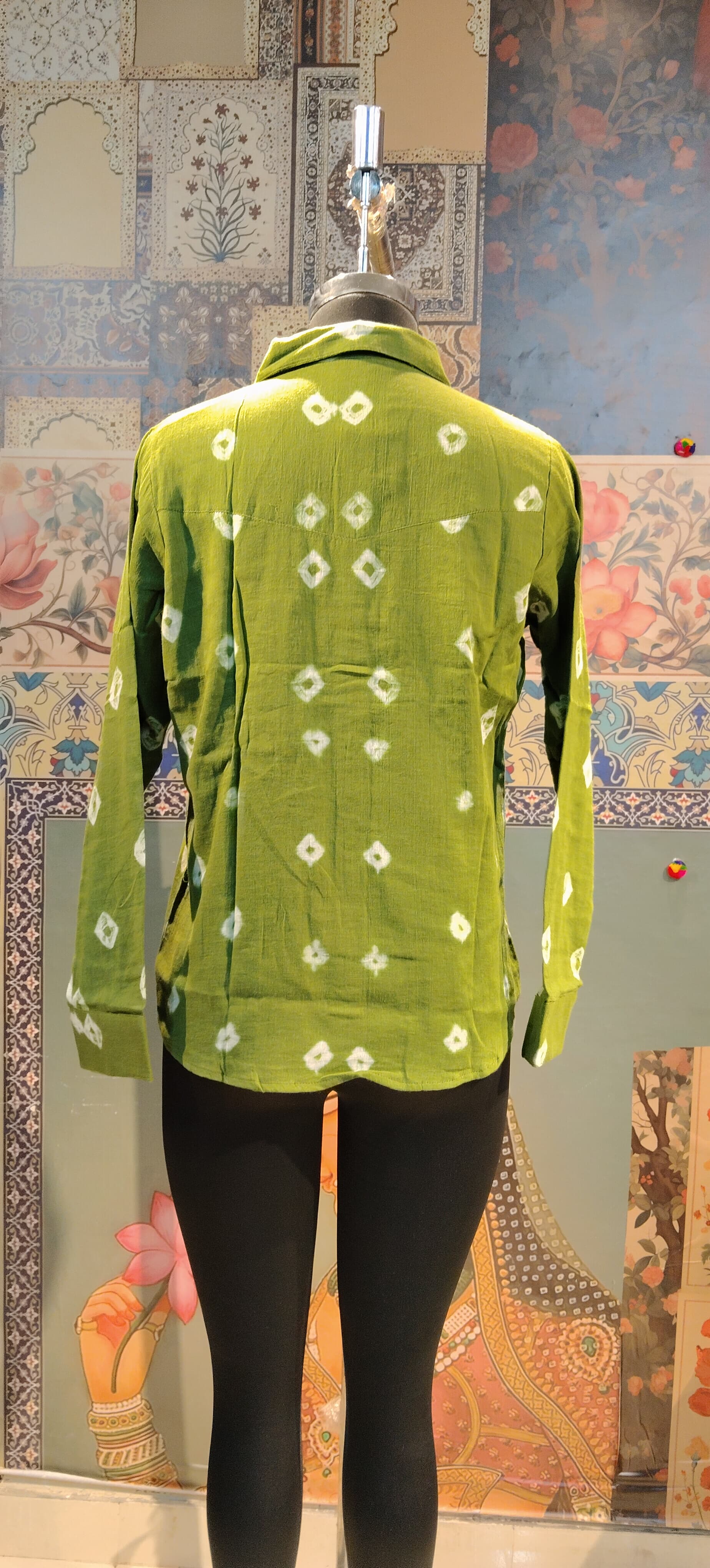 Green Bandhani Shirt with Embellished Boho Pocket