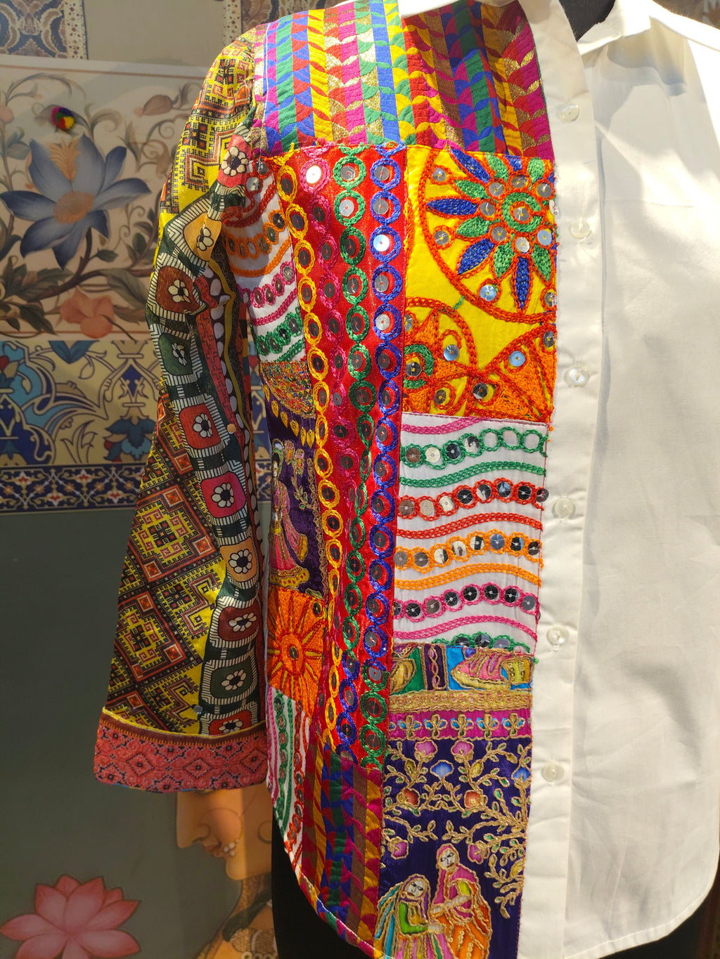 White Handcrafted Patchwork Shirt with Artistic Hand Embroidery – Boho Fusion Wear