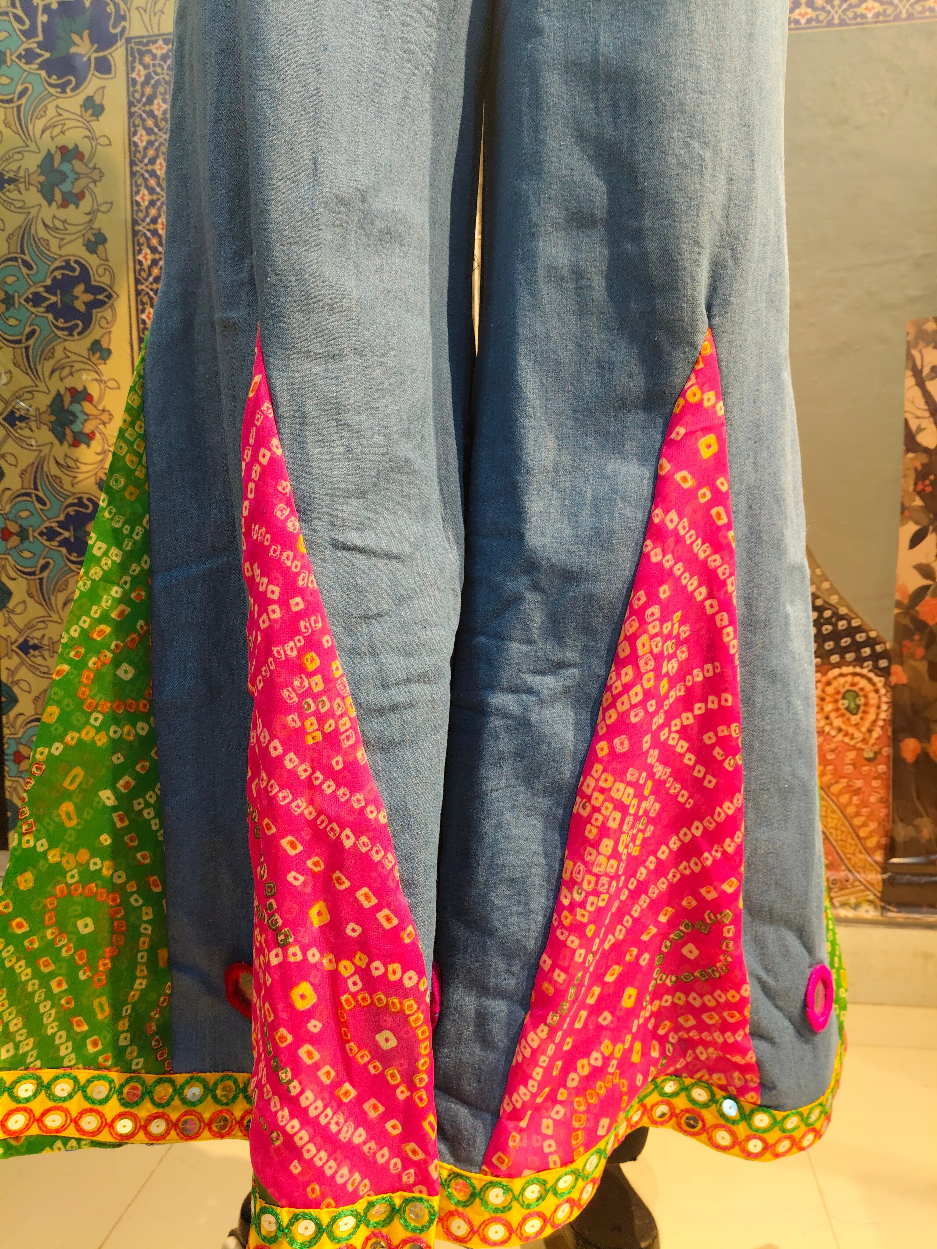 Bandhani Patchwork Wide-Leg Pants with Mirror Accents