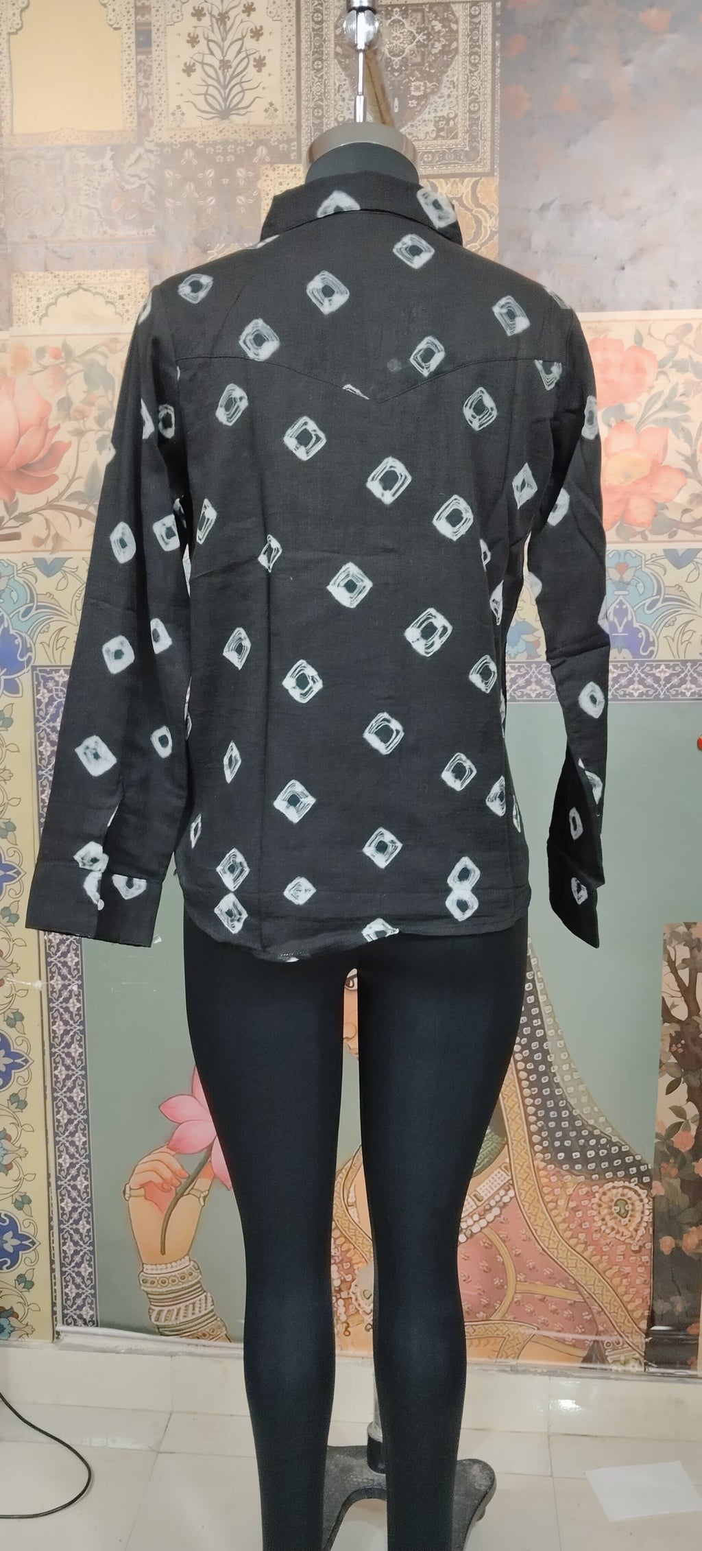 Black Women Bandhani Fusion Shirt with Boho Patchwork Pocket