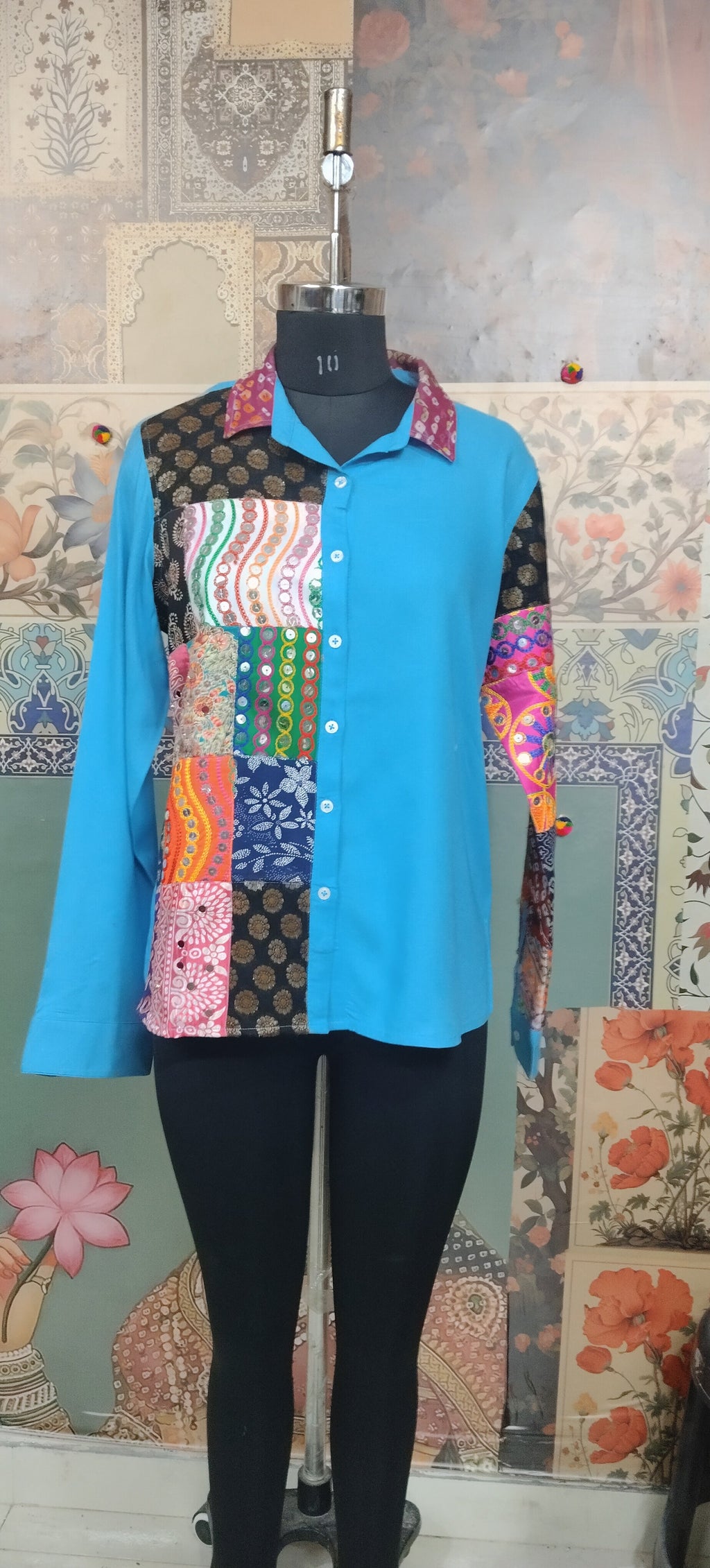 Patchwork Shirt Gypsy Grid Turquoise Multicolor