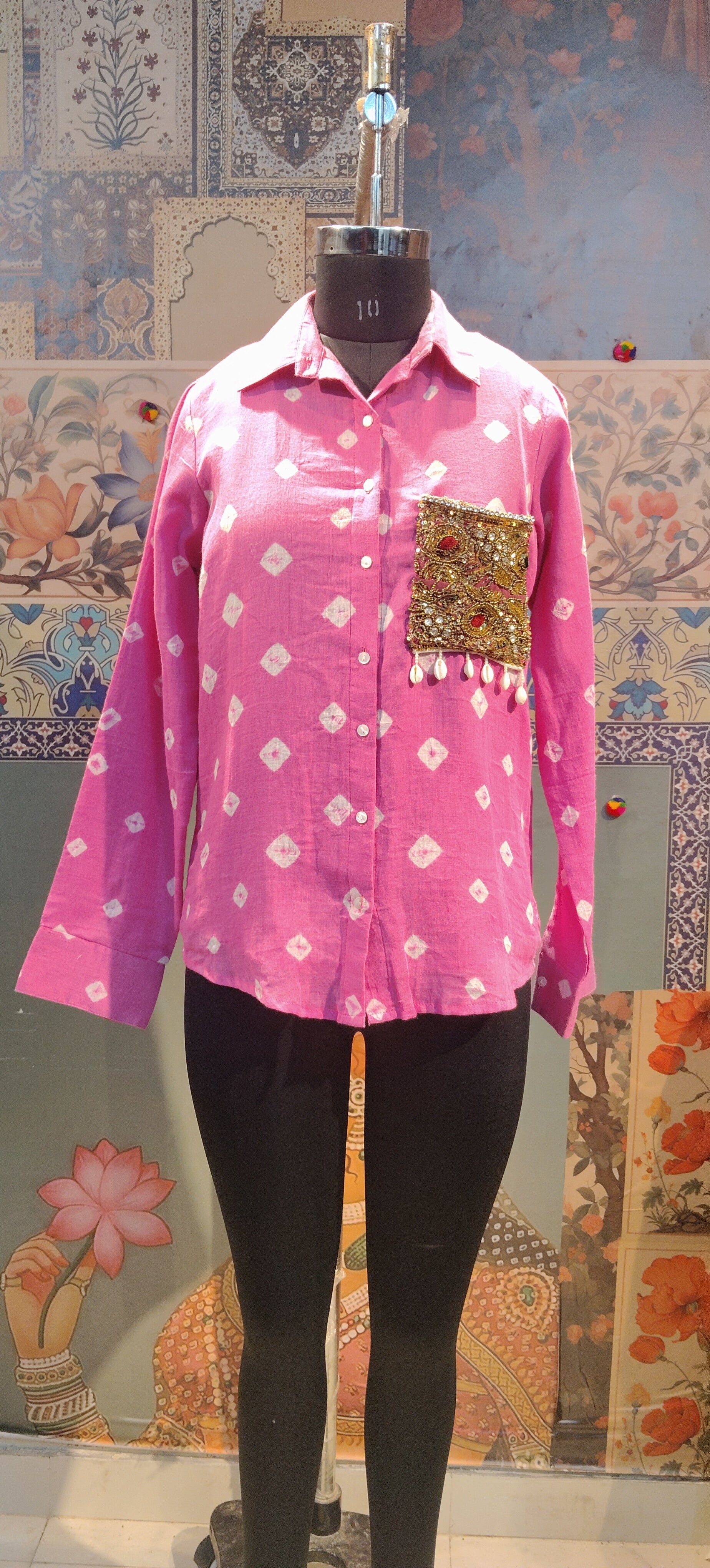 Pink Bandhani Patchwork Pocket Shirt – Handmade Boho Chic
