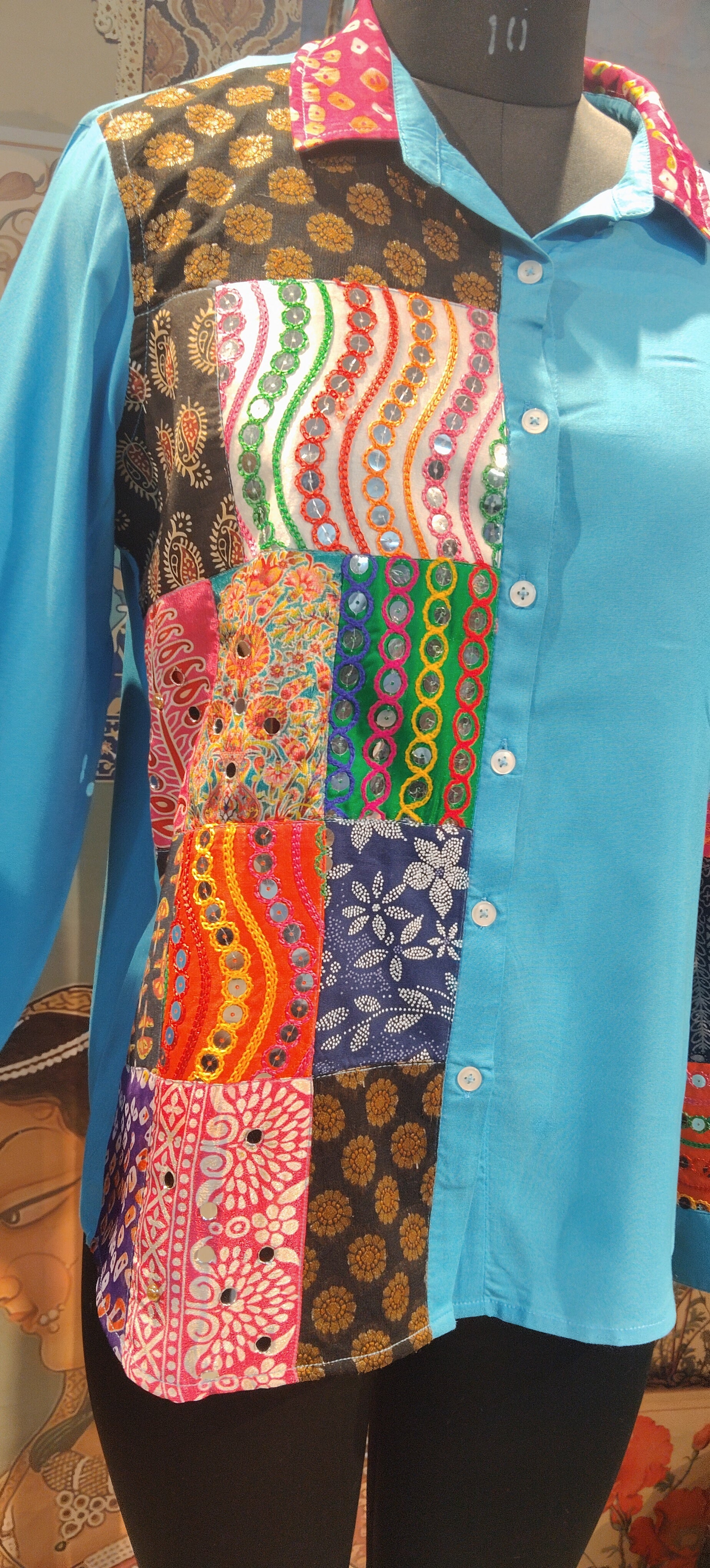 Patchwork Shirt Gypsy Grid Turquoise Multicolor