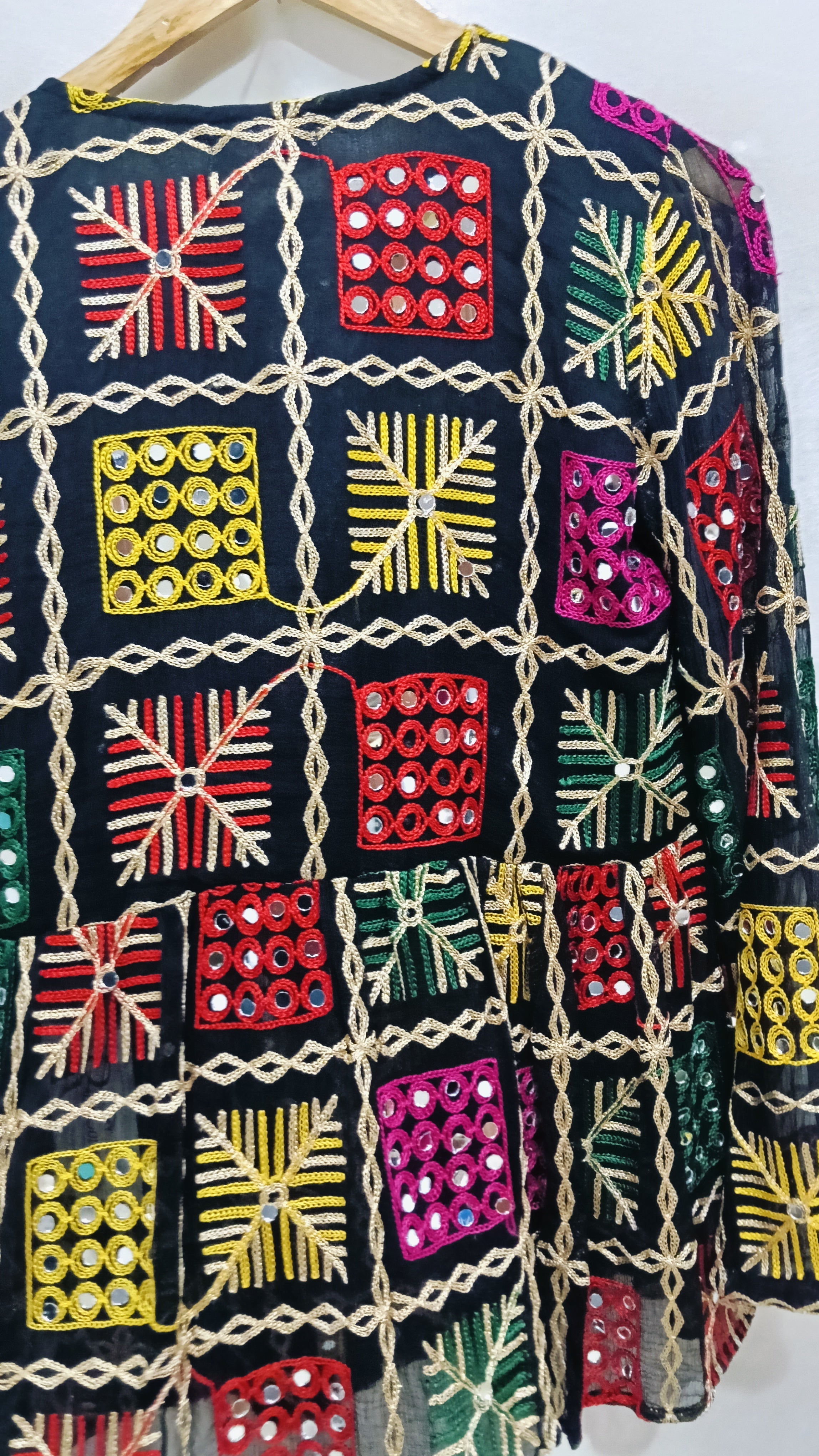 Boho Phulkari Mirror Work Kurti – Multicolor Embroidered Jacket Style