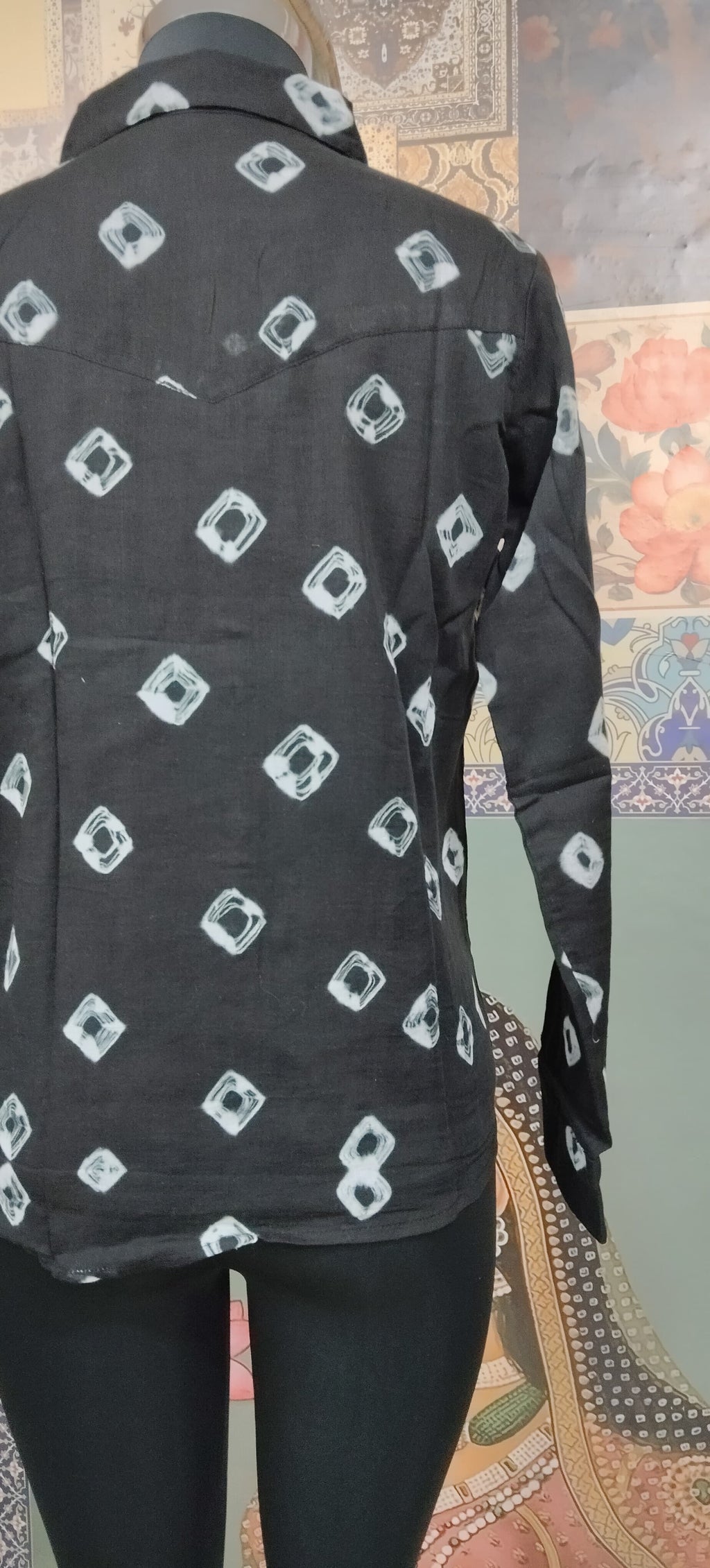 Black Women Bandhani Fusion Shirt with Boho Patchwork Pocket
