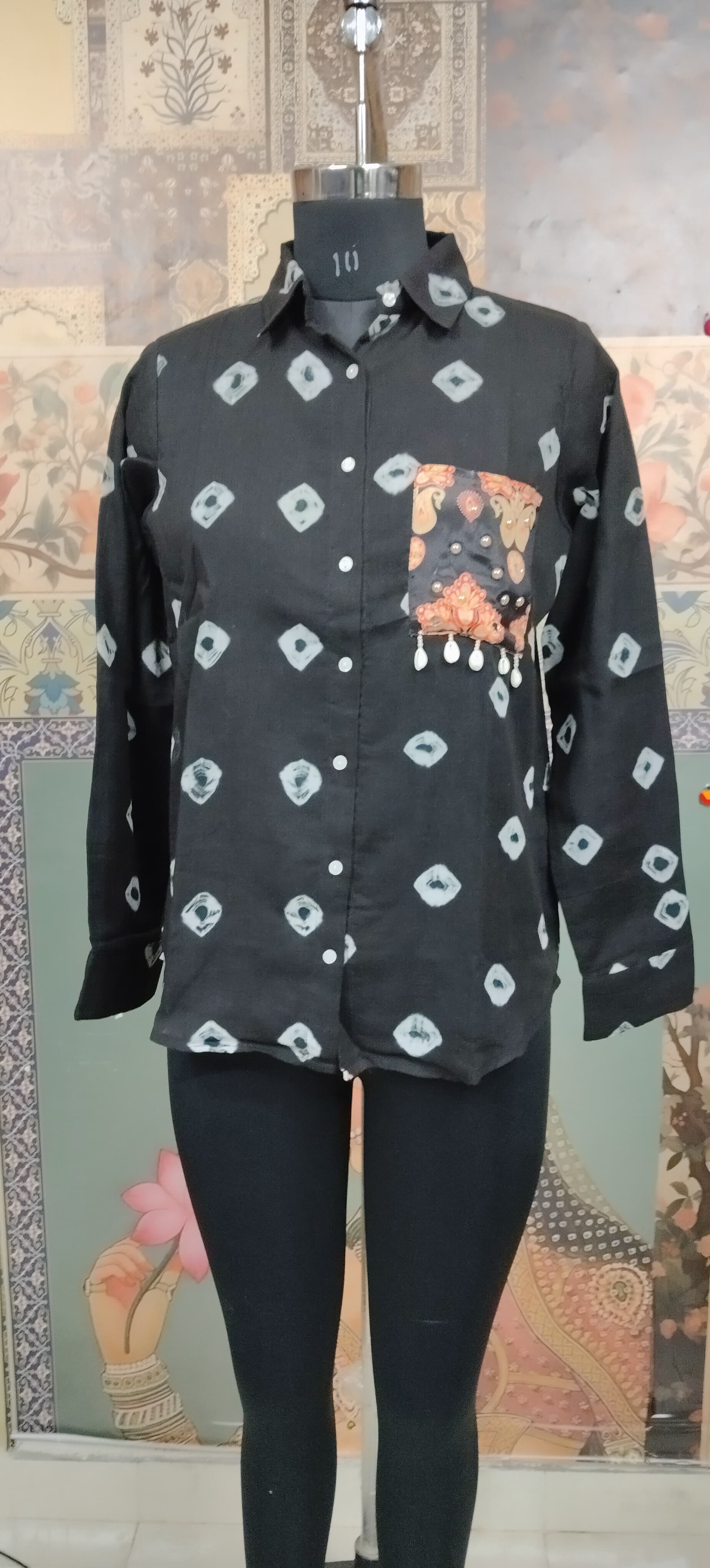 Black Women Bandhani Fusion Shirt with Boho Patchwork Pocket