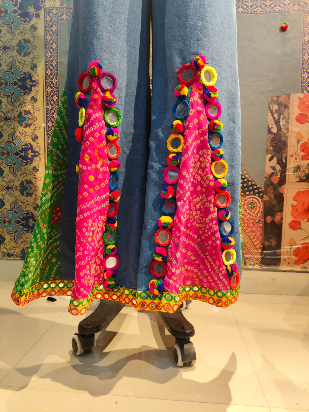 Bandhani Patchwork Wide-Leg Pants with Mirror Accents