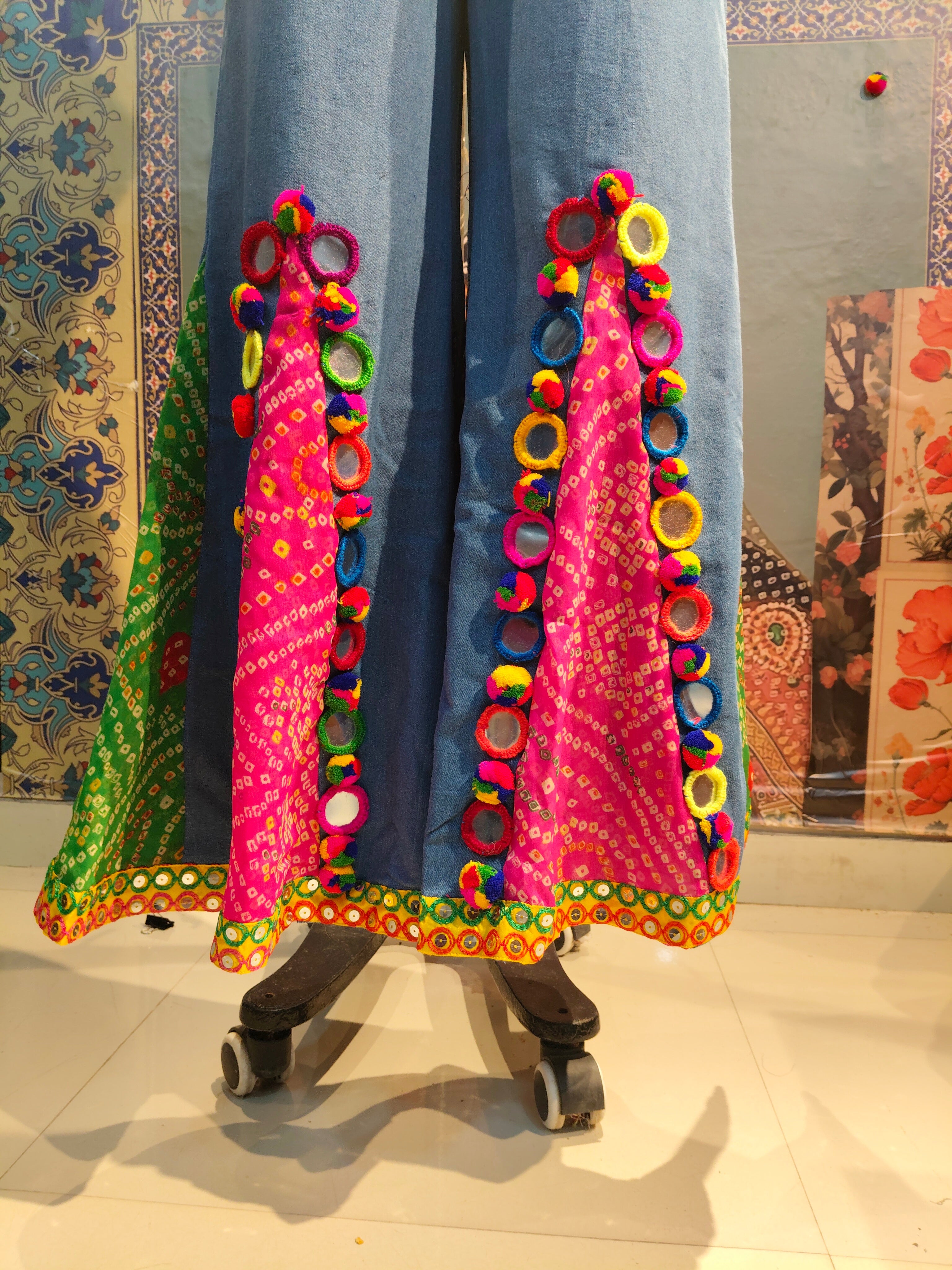 Bandhani Patchwork Wide-Leg Pants with Mirror Accents