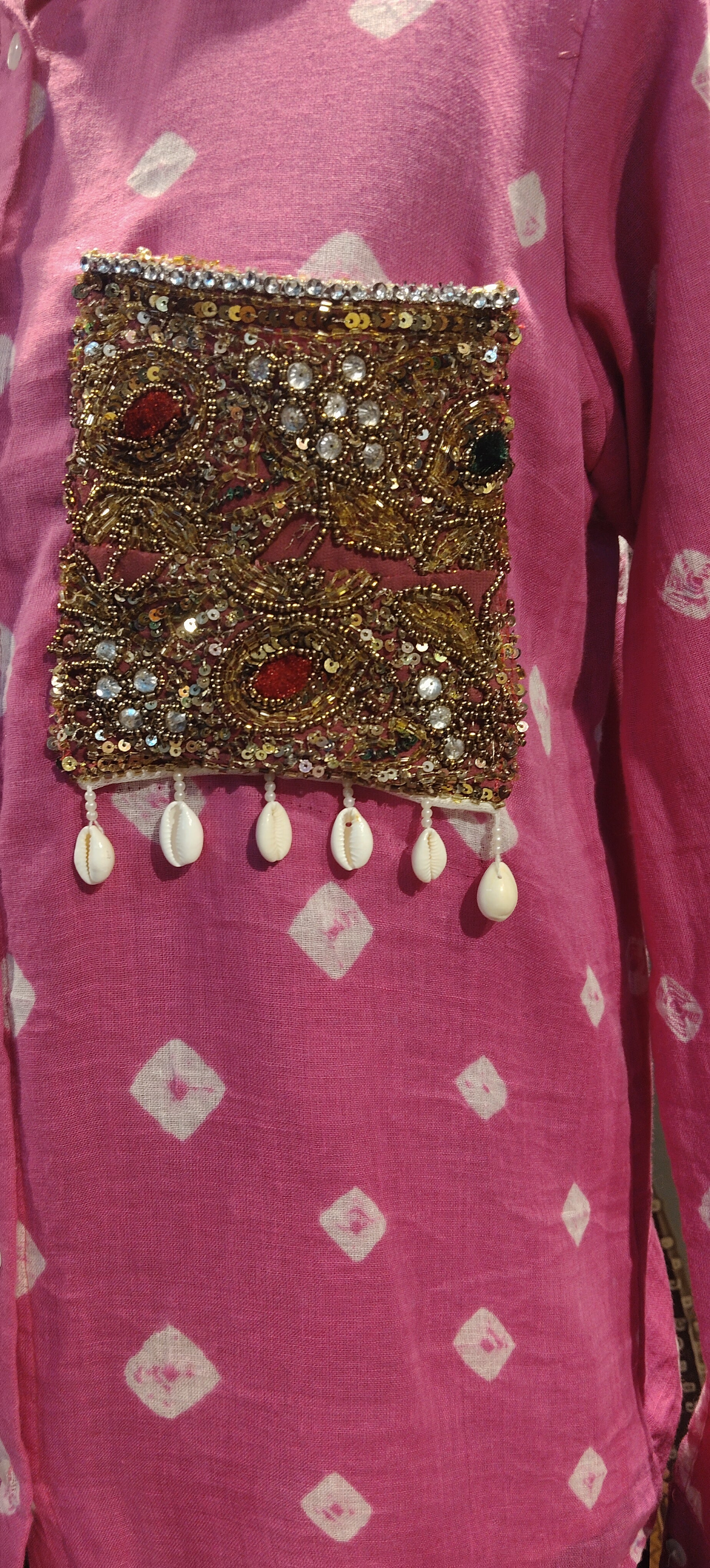 Pink Bandhani Patchwork Pocket Shirt – Handmade Boho Chic