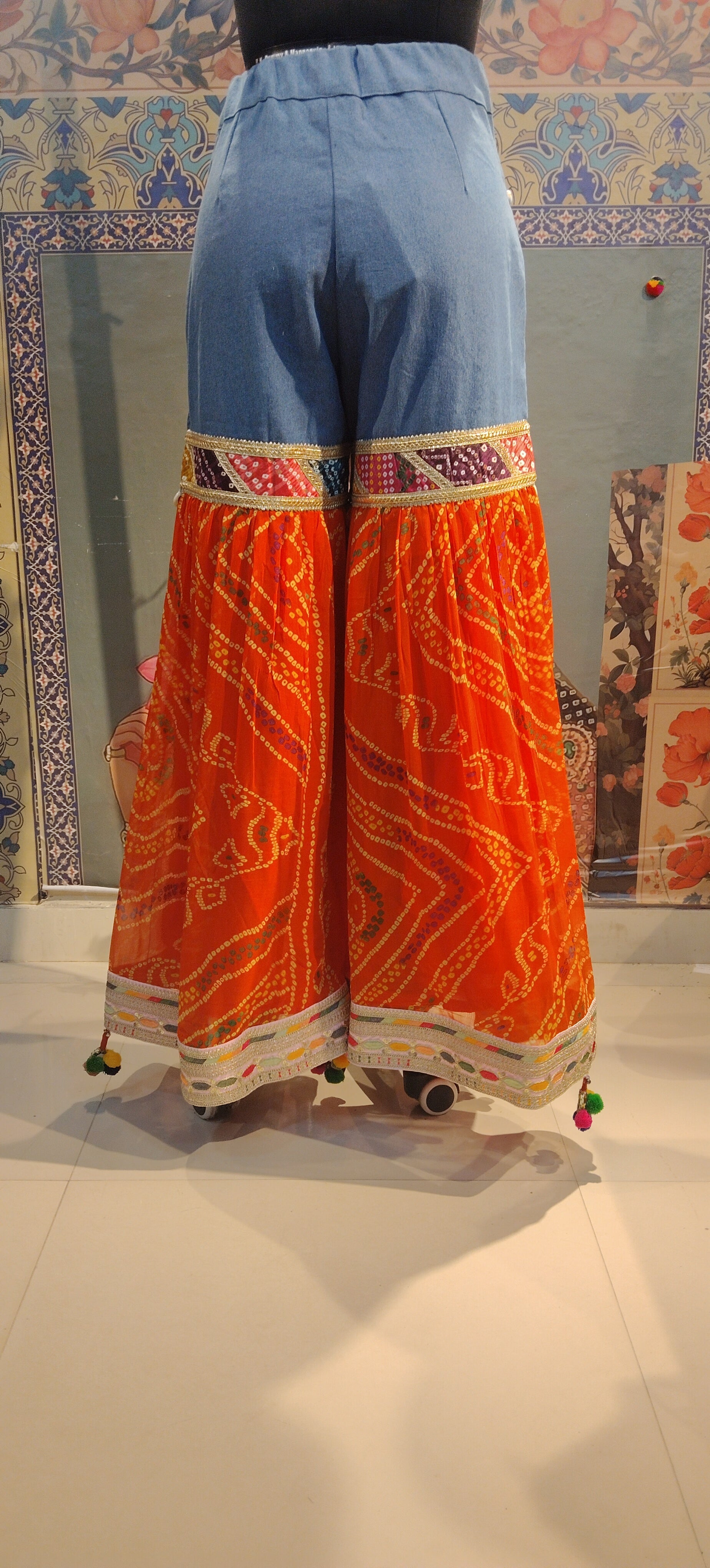 Bandhani Fusion Palazzo Pants with Mirror Work & Pompom Hand Embroidery