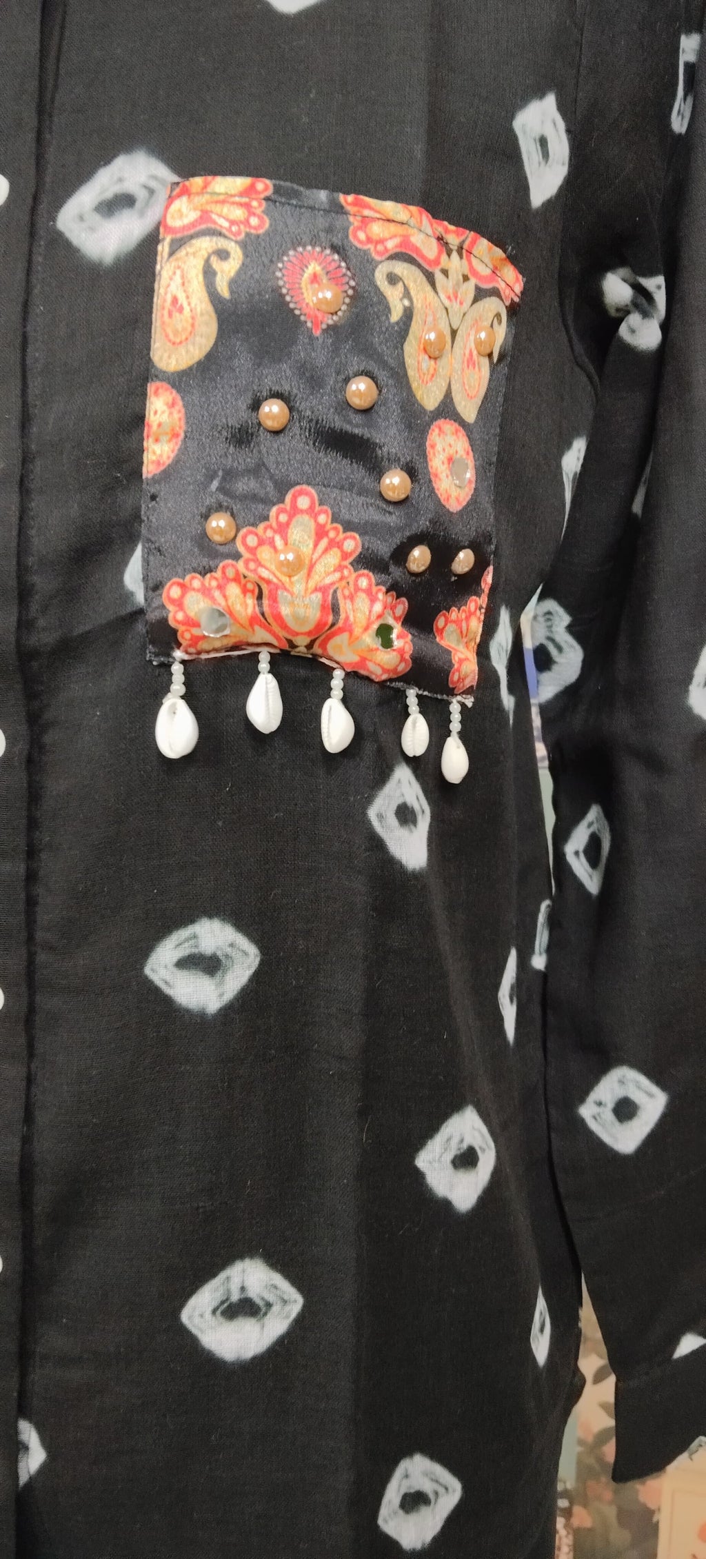Black Women Bandhani Fusion Shirt with Boho Patchwork Pocket