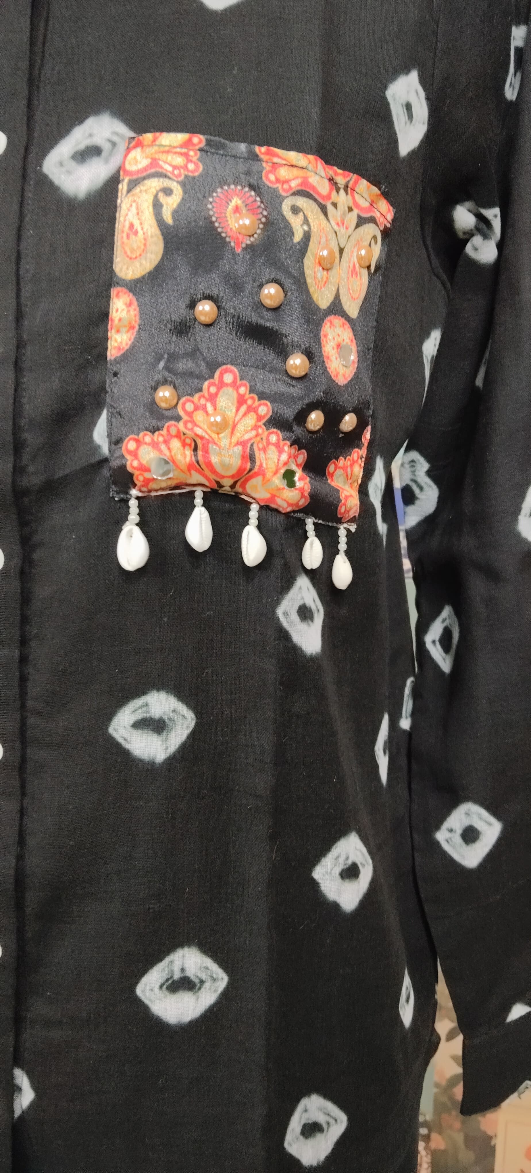 Black Women Bandhani Fusion Shirt with Boho Patchwork Pocket