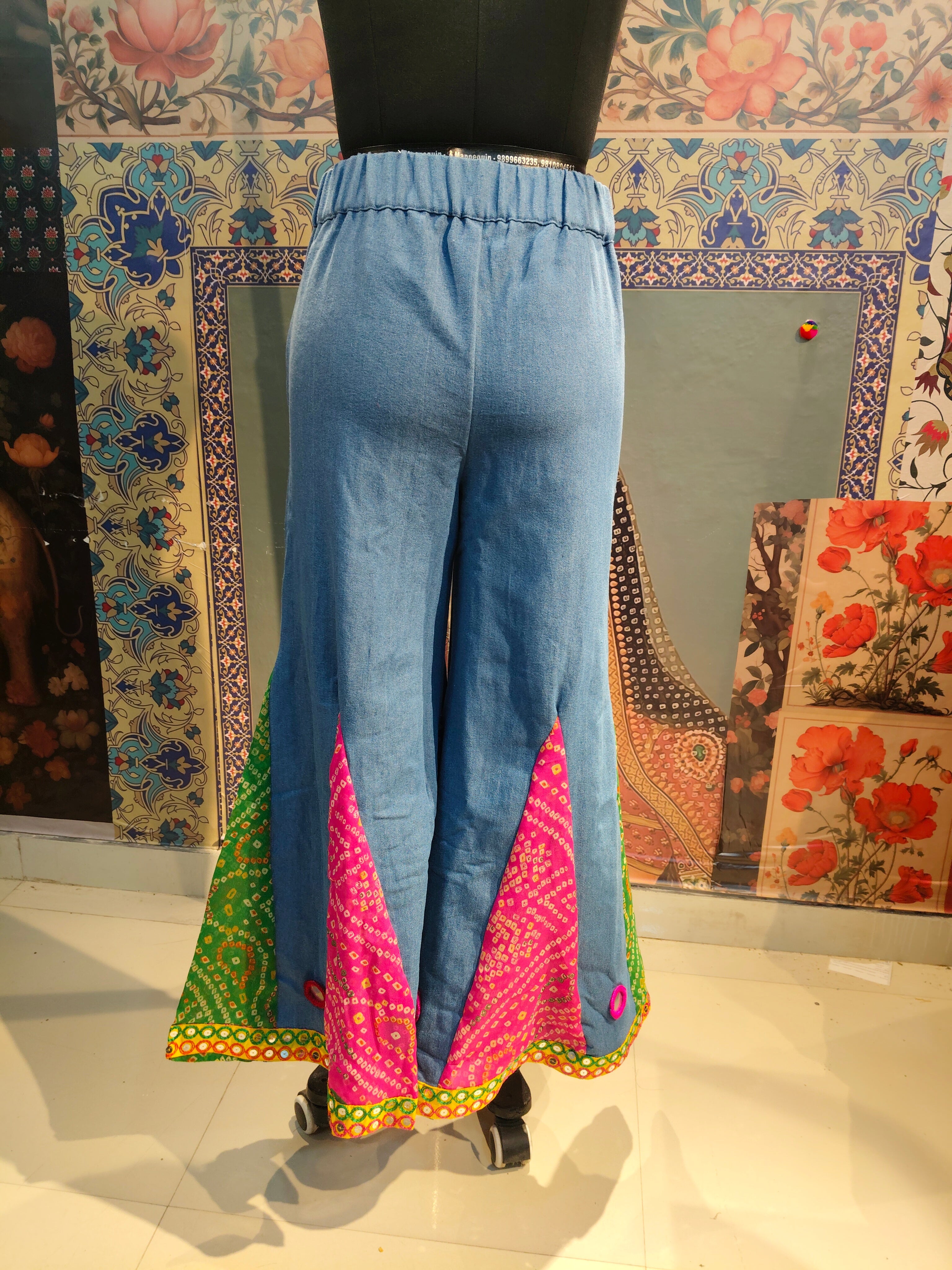 Bandhani Patchwork Wide-Leg Pants with Mirror Accents