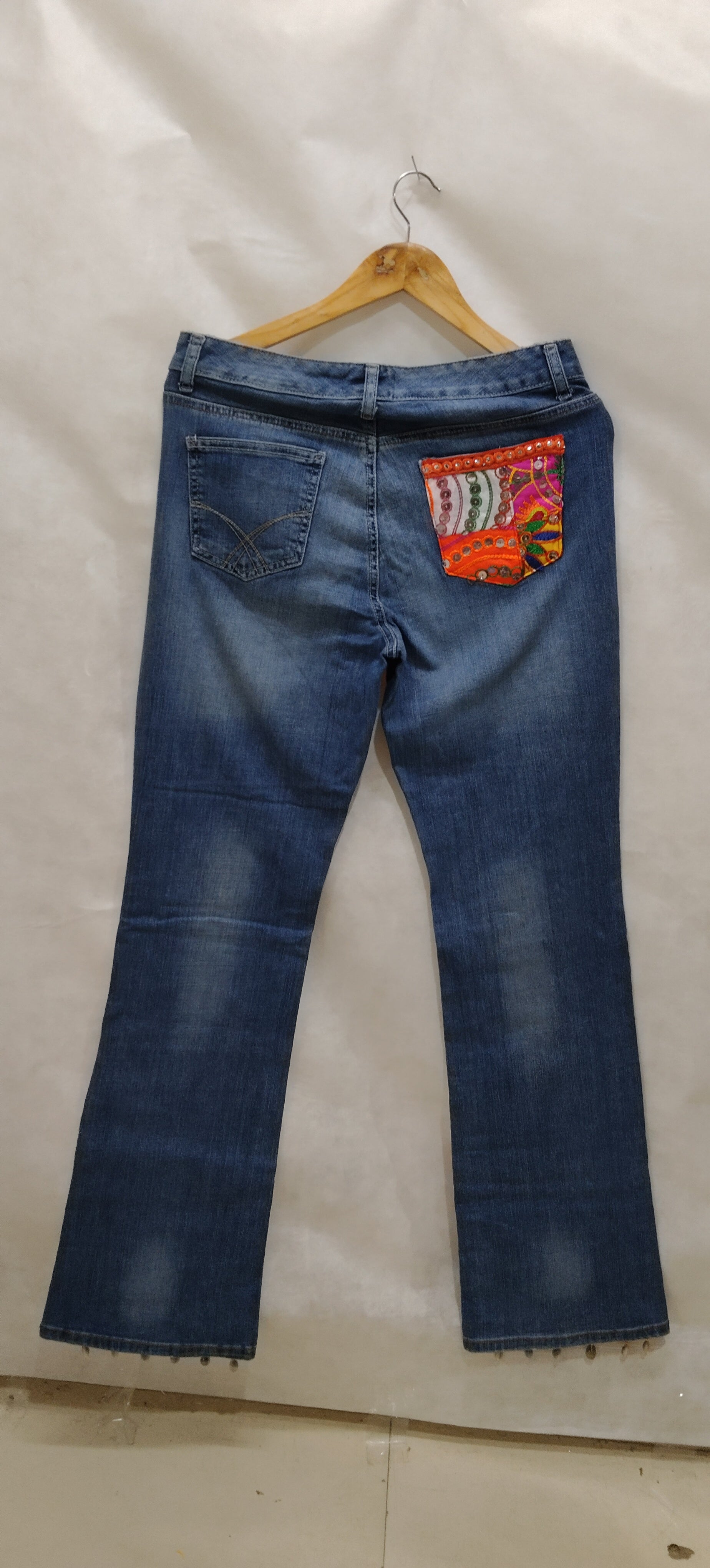 Bohemian Denim Pants with Handmade Embroidery & Patchwork – Unique Artisan Wear
