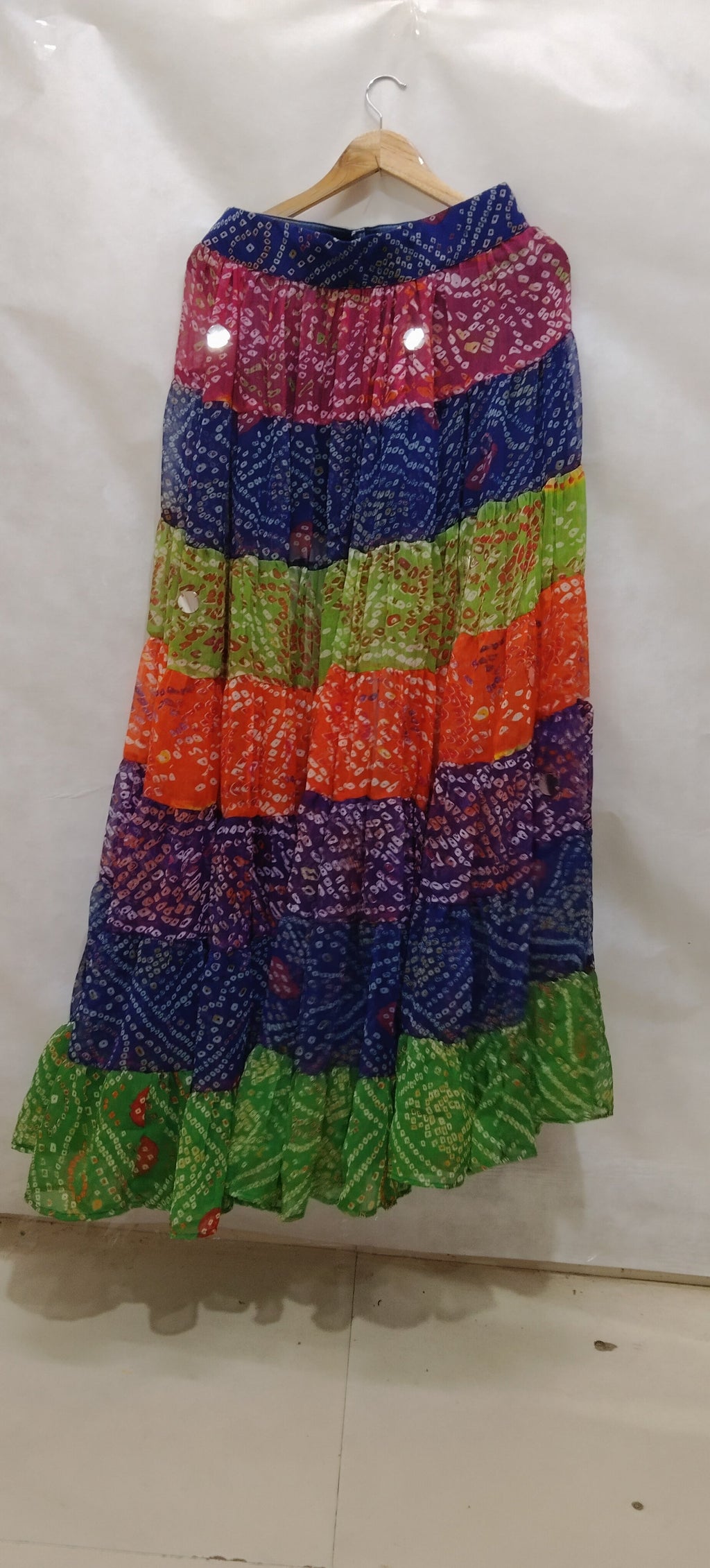 Multi-Color Bandhini Layered Skirt with Tassel