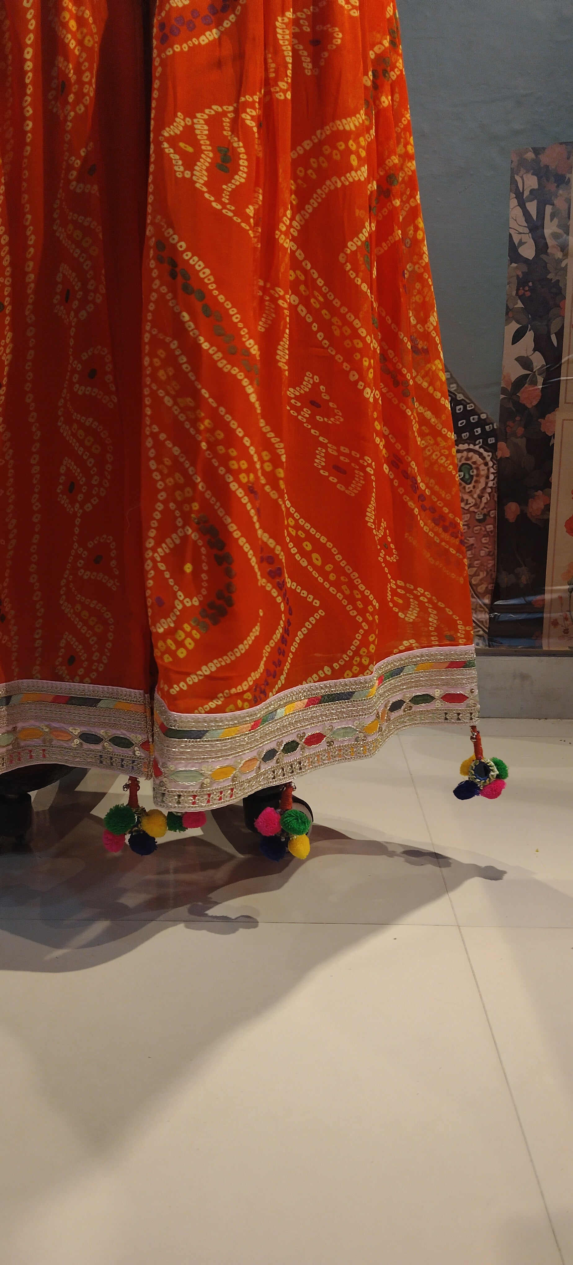 Bandhani Fusion Palazzo Pants with Mirror Work & Pompom Hand Embroidery