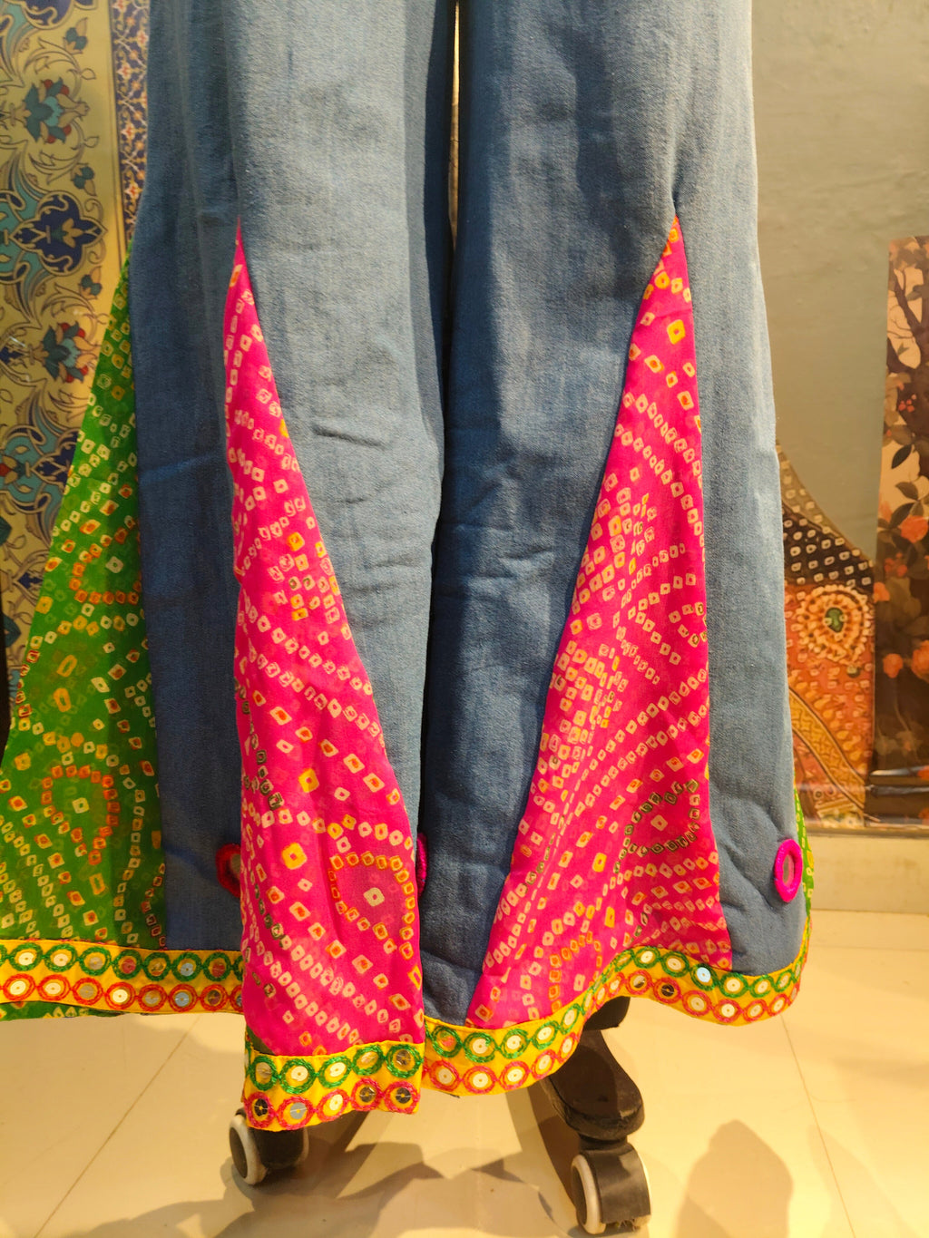 Bandhani Patchwork Wide-Leg Pants with Mirror Accents