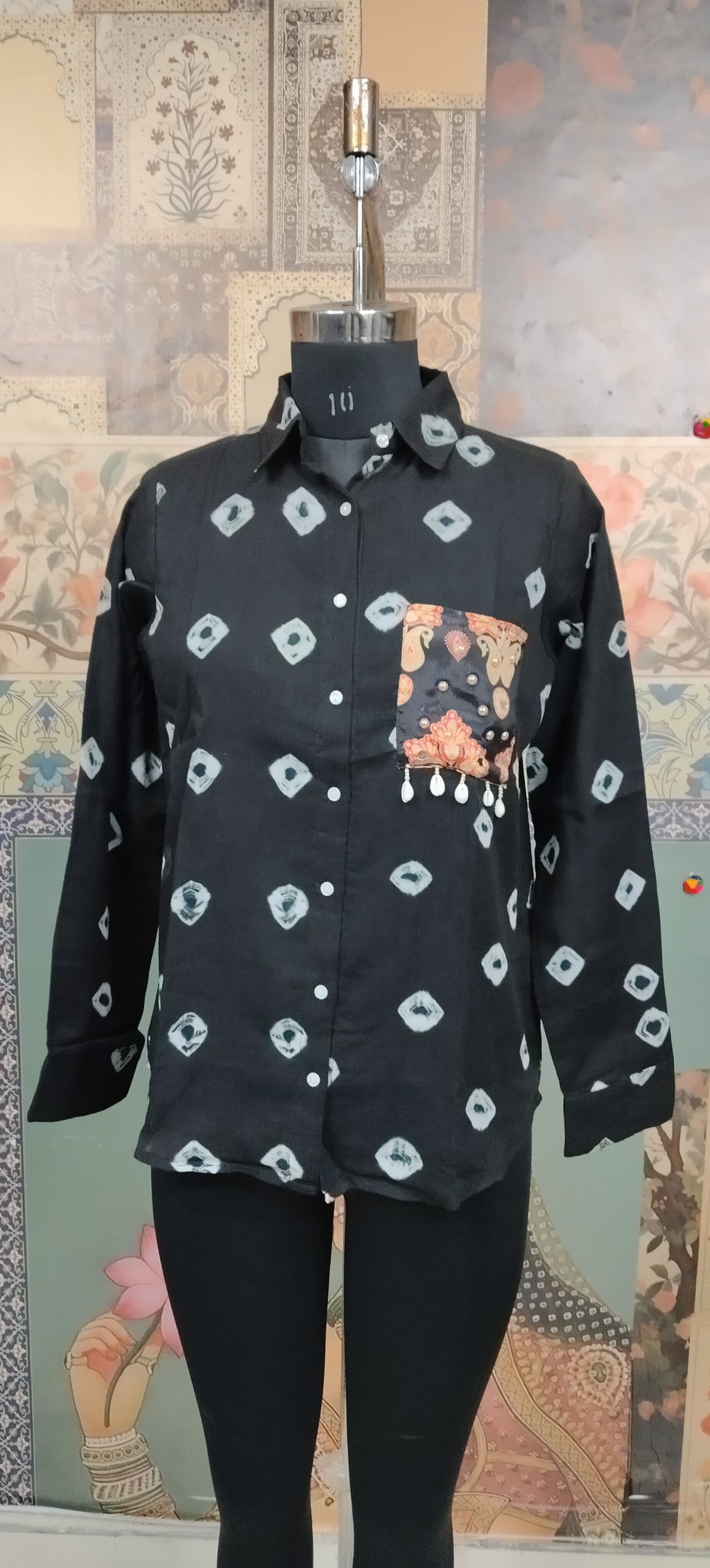 Black Women Bandhani Fusion Shirt with Boho Patchwork Pocket