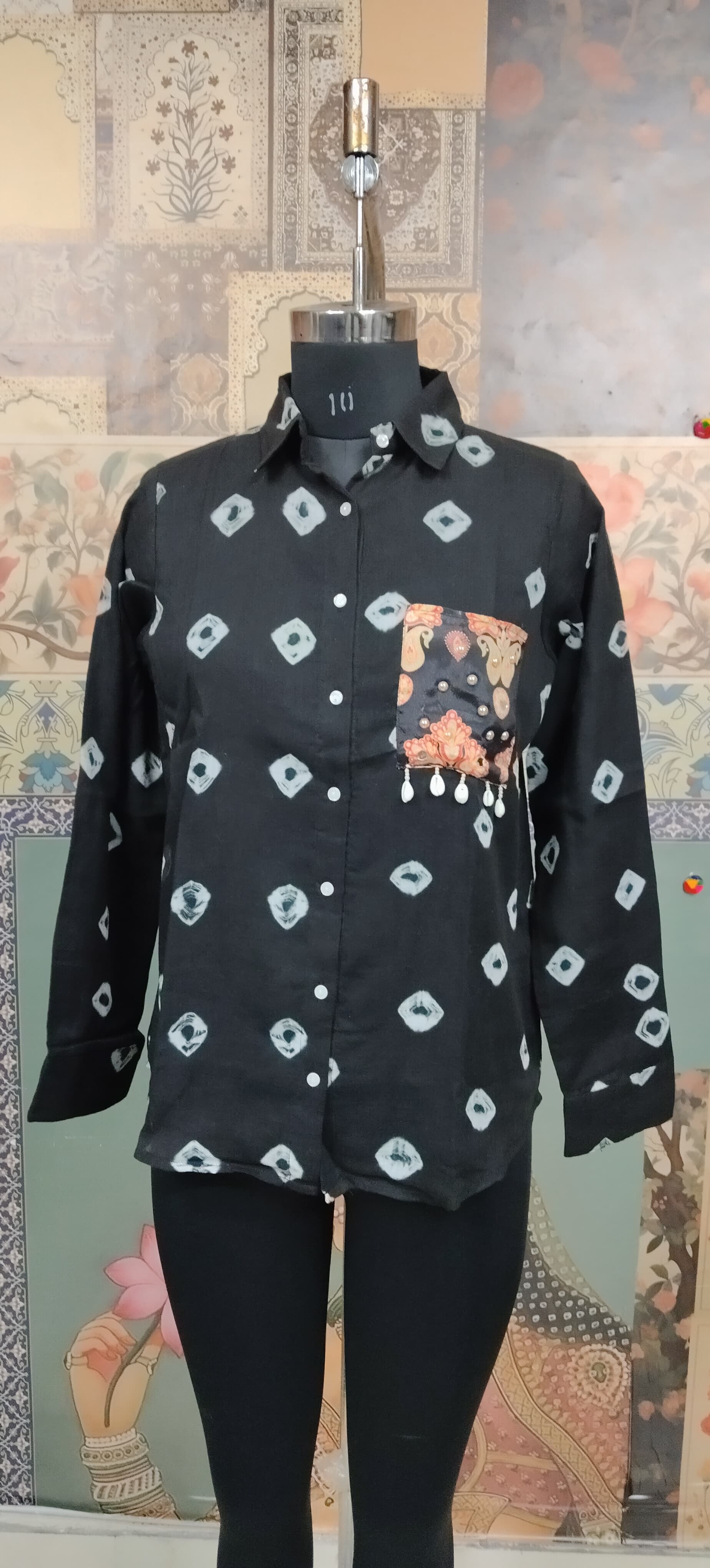 Black Women Bandhani Fusion Shirt with Boho Patchwork Pocket