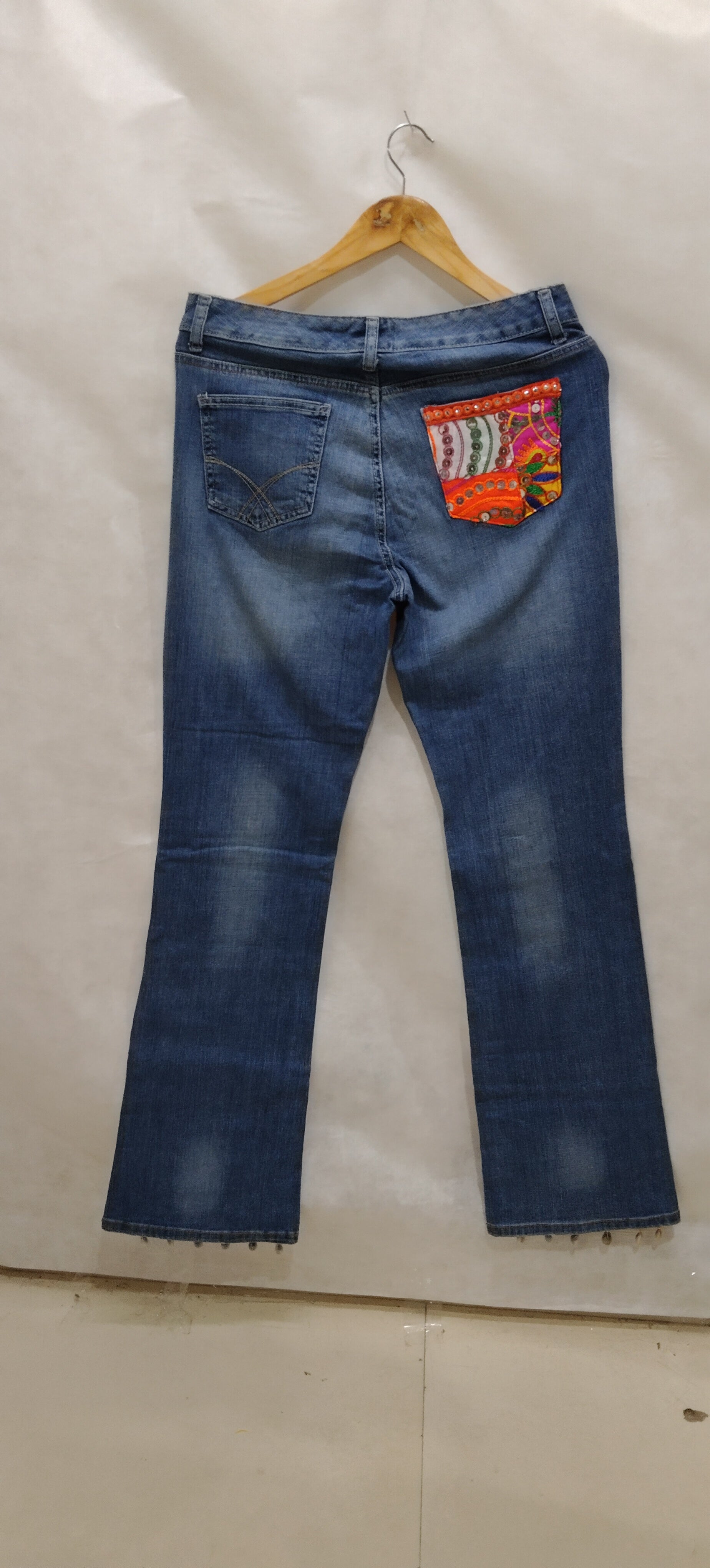 Bohemian Denim Pants with Handmade Embroidery & Patchwork – Unique Artisan Wear