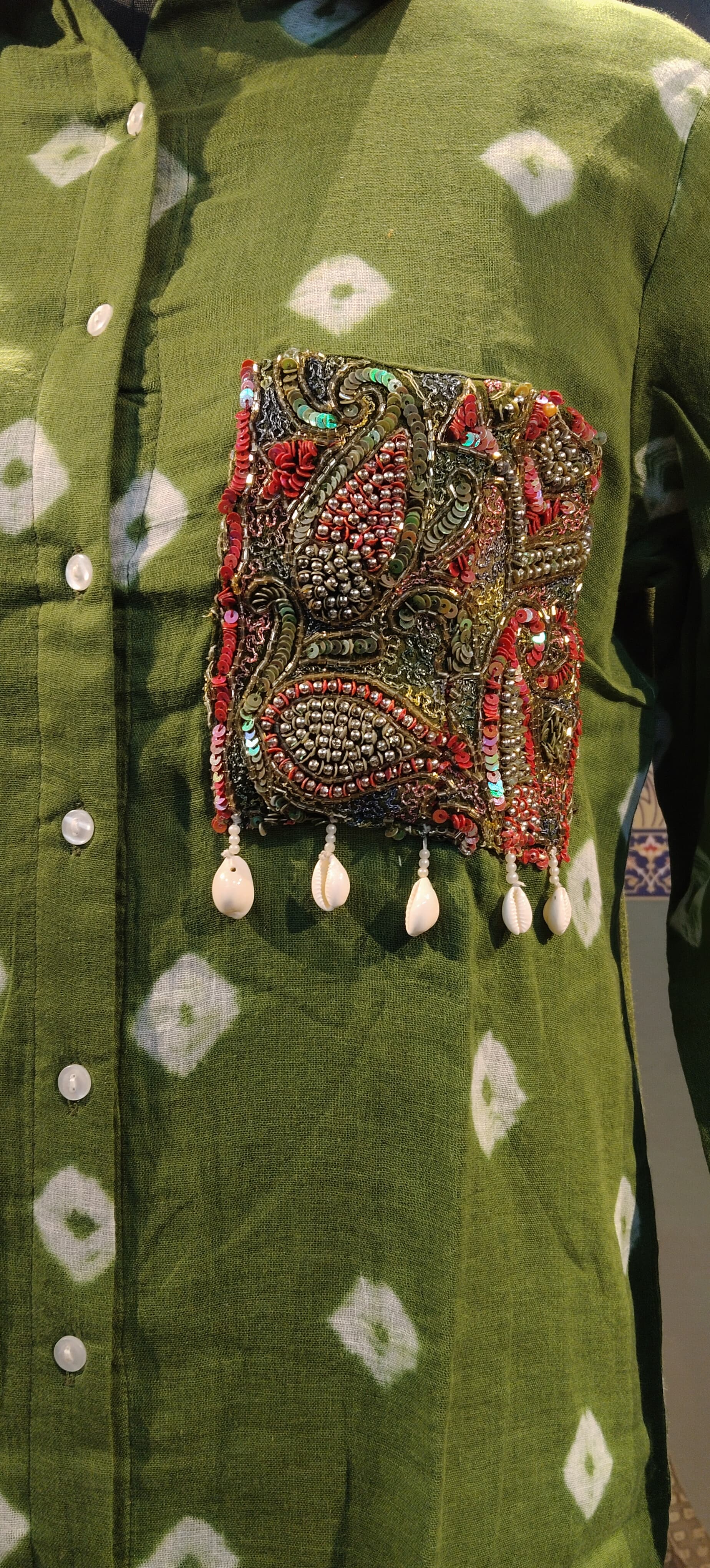 Green Bandhani Shirt with Embellished Boho Pocket