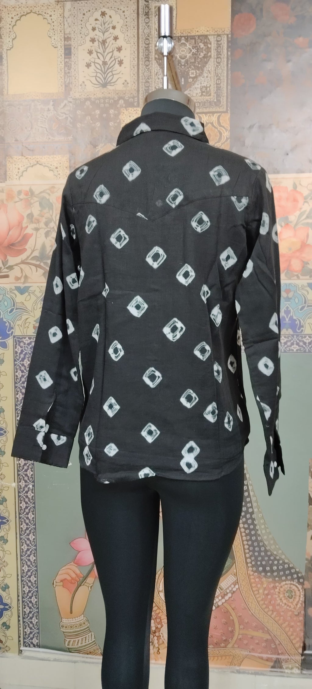 Black Women Bandhani Fusion Shirt with Boho Patchwork Pocket